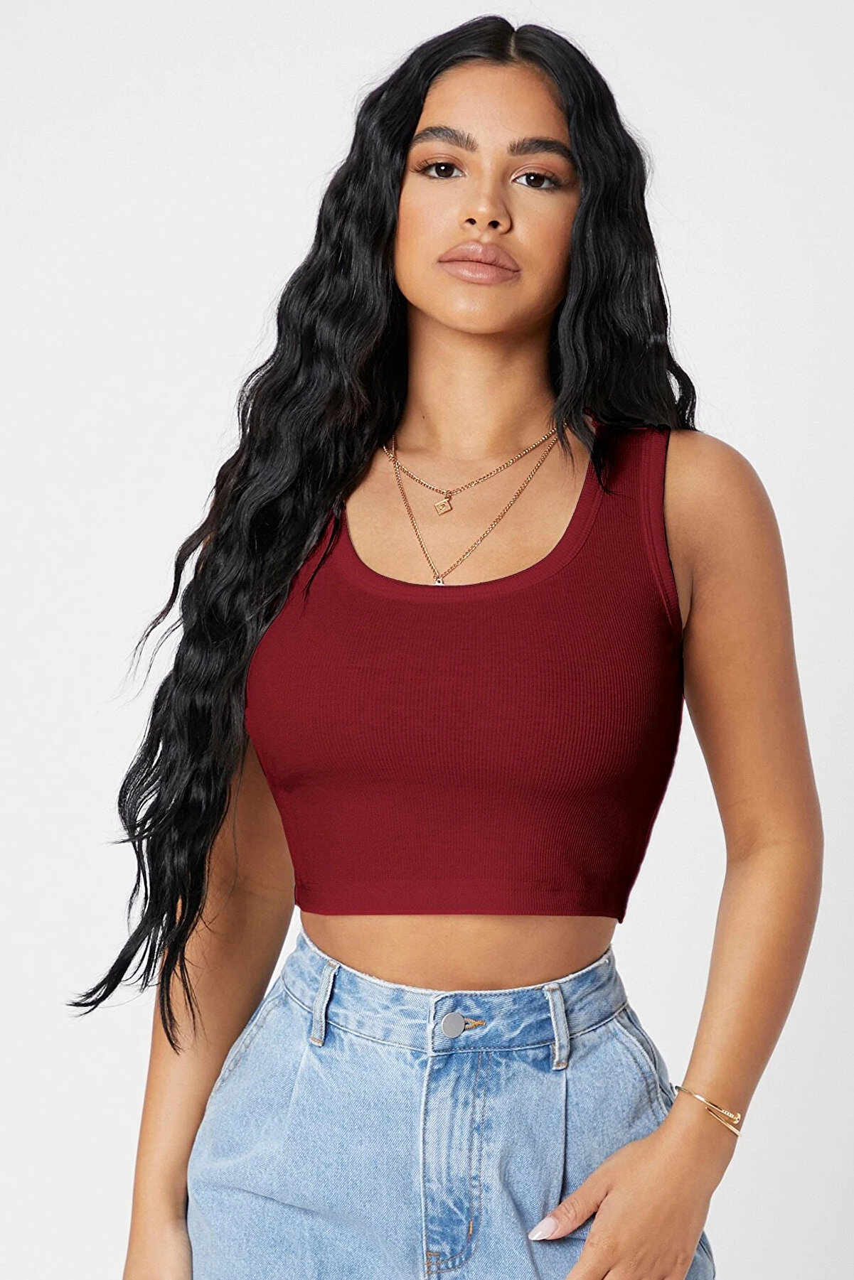 Yılter Kadın Bordo Kare Yaka Crop Top Bluz