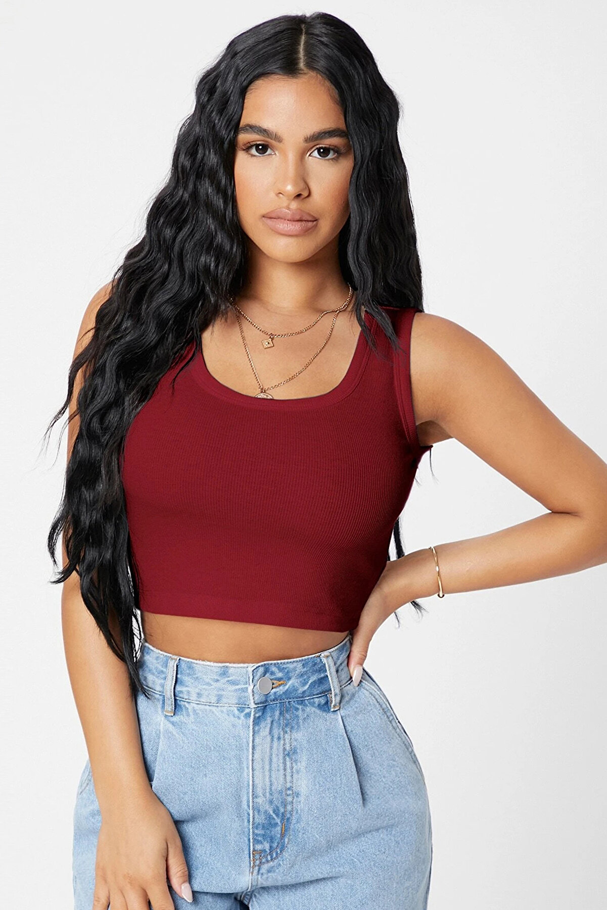 Yılter Kadın Bordo Kare Yaka Crop Top Bluz