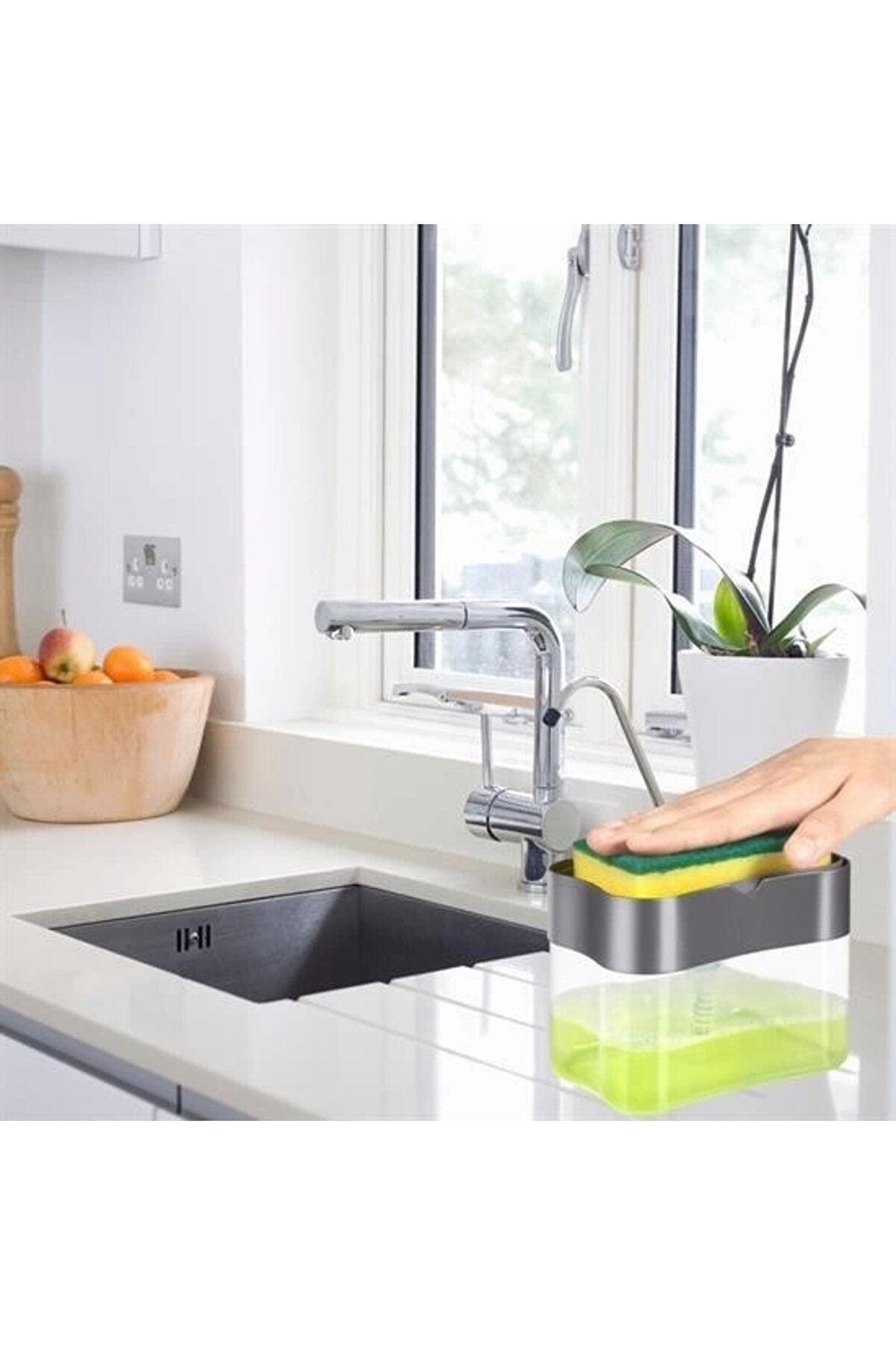 Buti̇k İki̇si̇ Bi̇r Arada Basmalı Prati̇k Sıvı Sabunluk Pompası Ve Bulaşık Yıkama S&uuml;ngeri̇ Haznesi̇