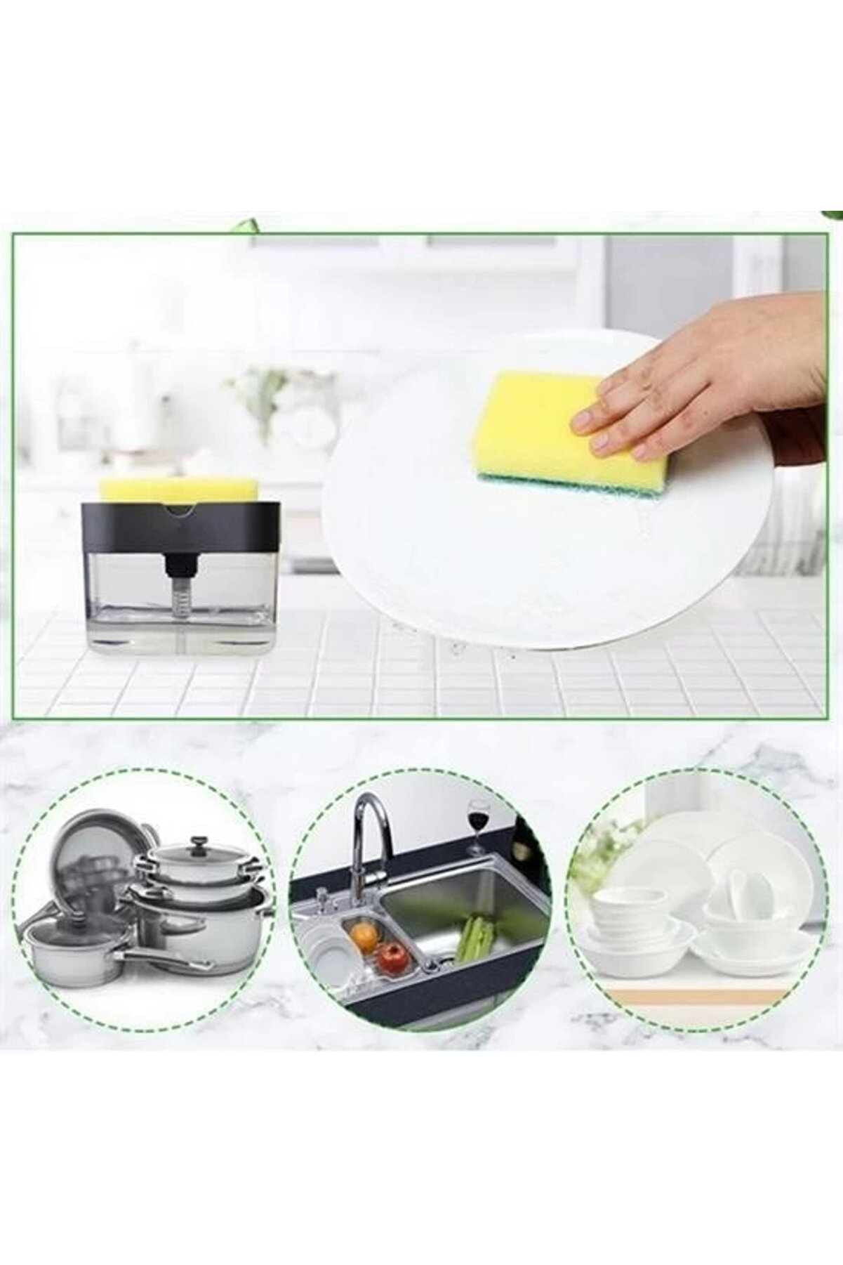 Buti̇k İki̇si̇ Bi̇r Arada Basmalı Prati̇k Sıvı Sabunluk Pompası Ve Bulaşık Yıkama S&uuml;ngeri̇ Haznesi̇