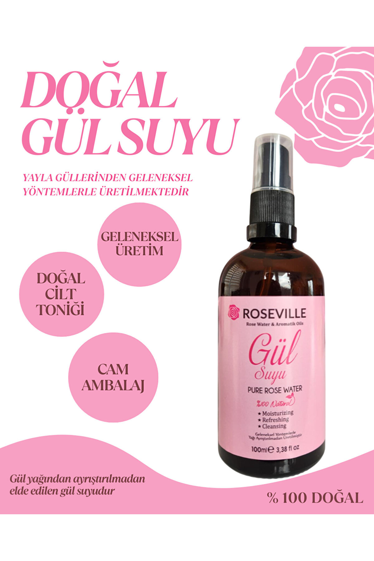 Rosevi̇lle Gül Suyu Cam Şi̇şe 100 Ml % 100 Saf Ve Doğal Sprey Başlıklı
