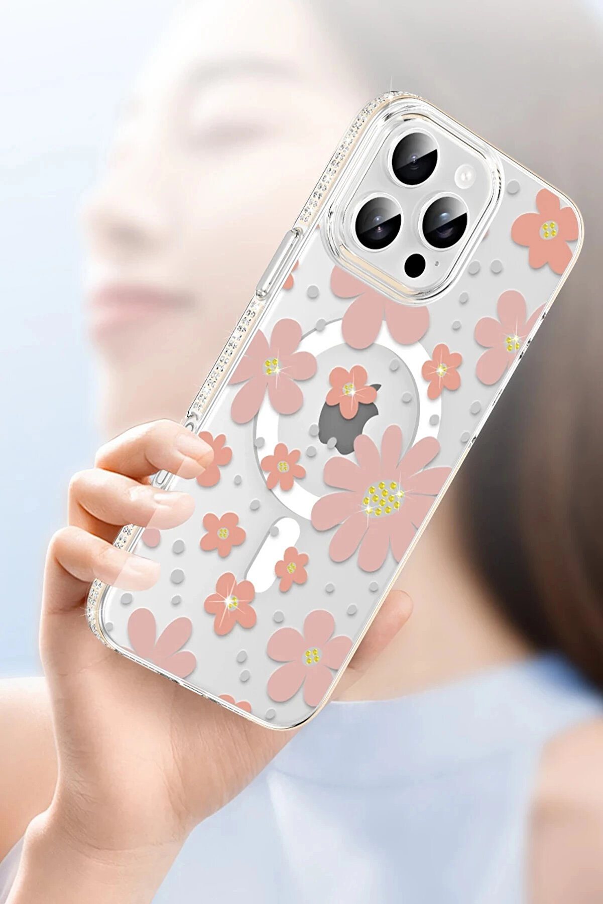 Buti̇k Apple İphone 15 Pro Max Floral Magsafe Kapak - Turuncu-(5796)