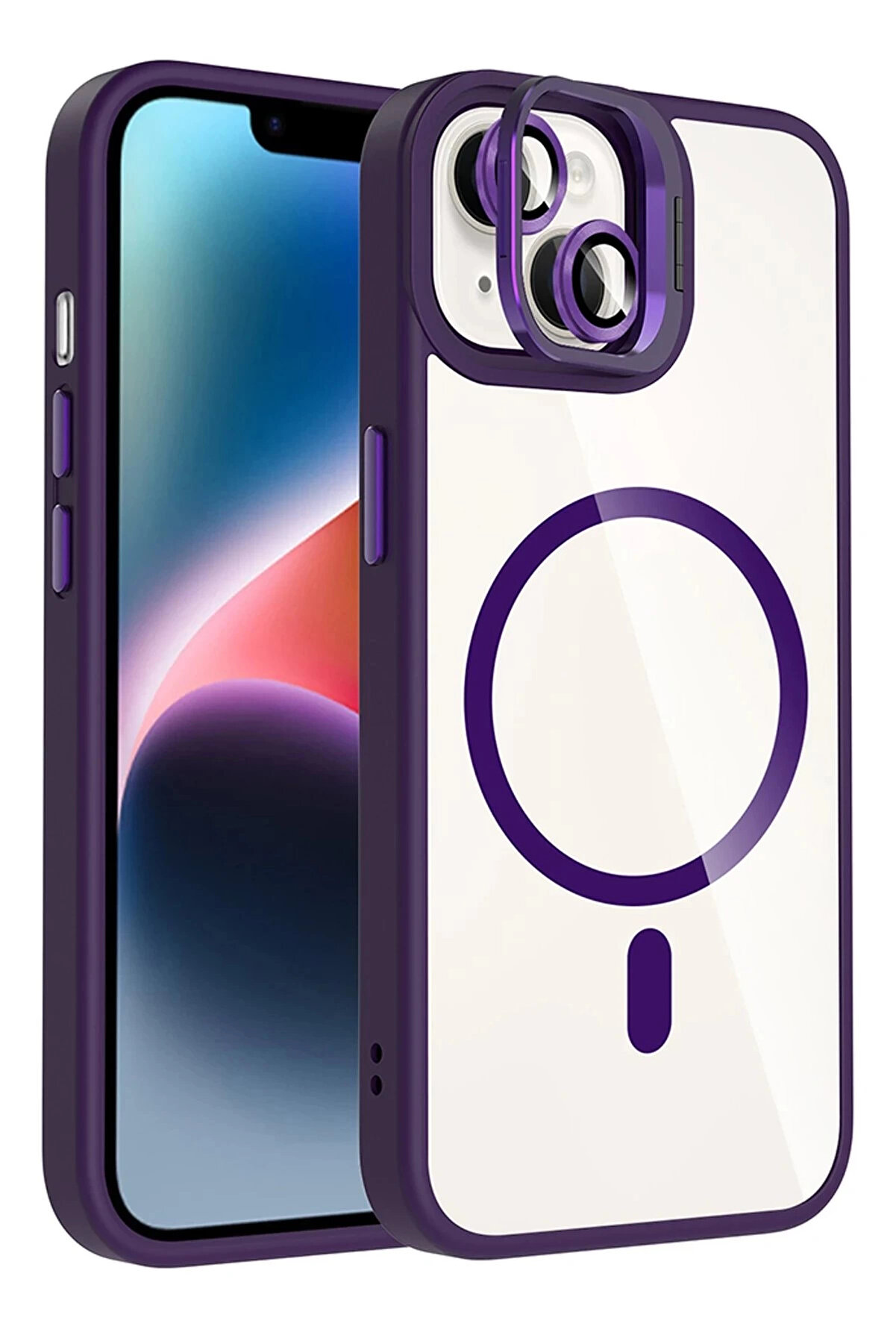 Buti̇k Apple İphone 14 Remi̇m Lensli̇ Magsafe Standlı Kapak - Deri̇n Mor-(5796)