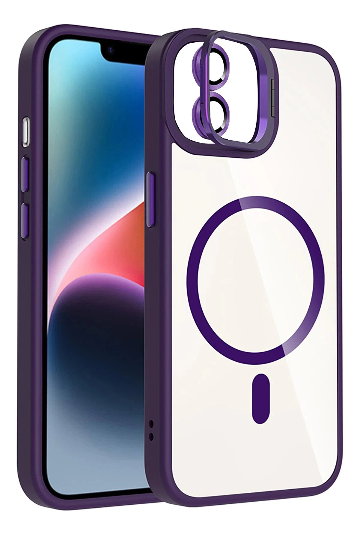 Buti̇k Apple İphone 11 Remi̇m Lensli̇ Magsafe Standlı Kapak - Deri̇n Mor-(5796)