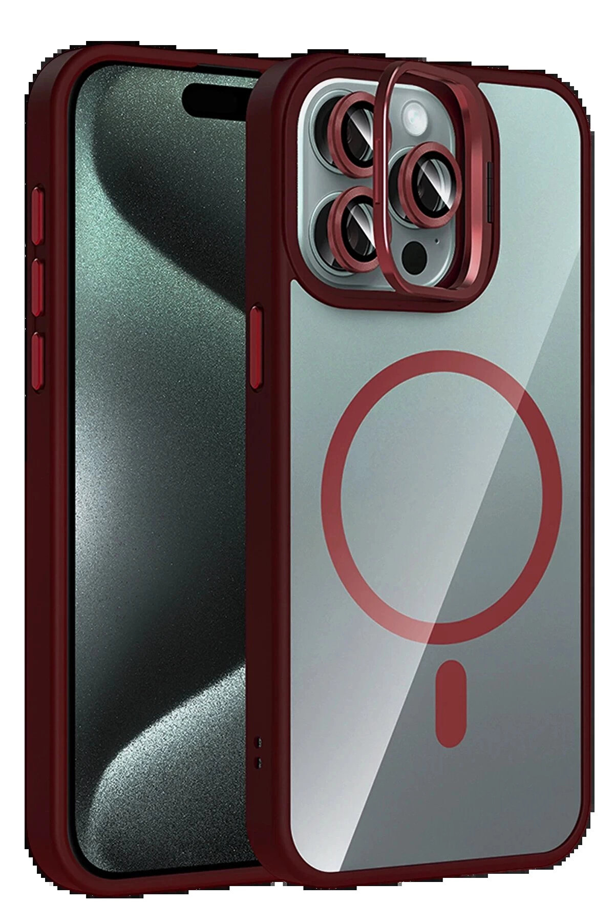 Buti̇k Apple İphone 15 Pro Max Remi̇m Lensli̇ Magsafe Standlı Kapak - Bordo-(5796)
