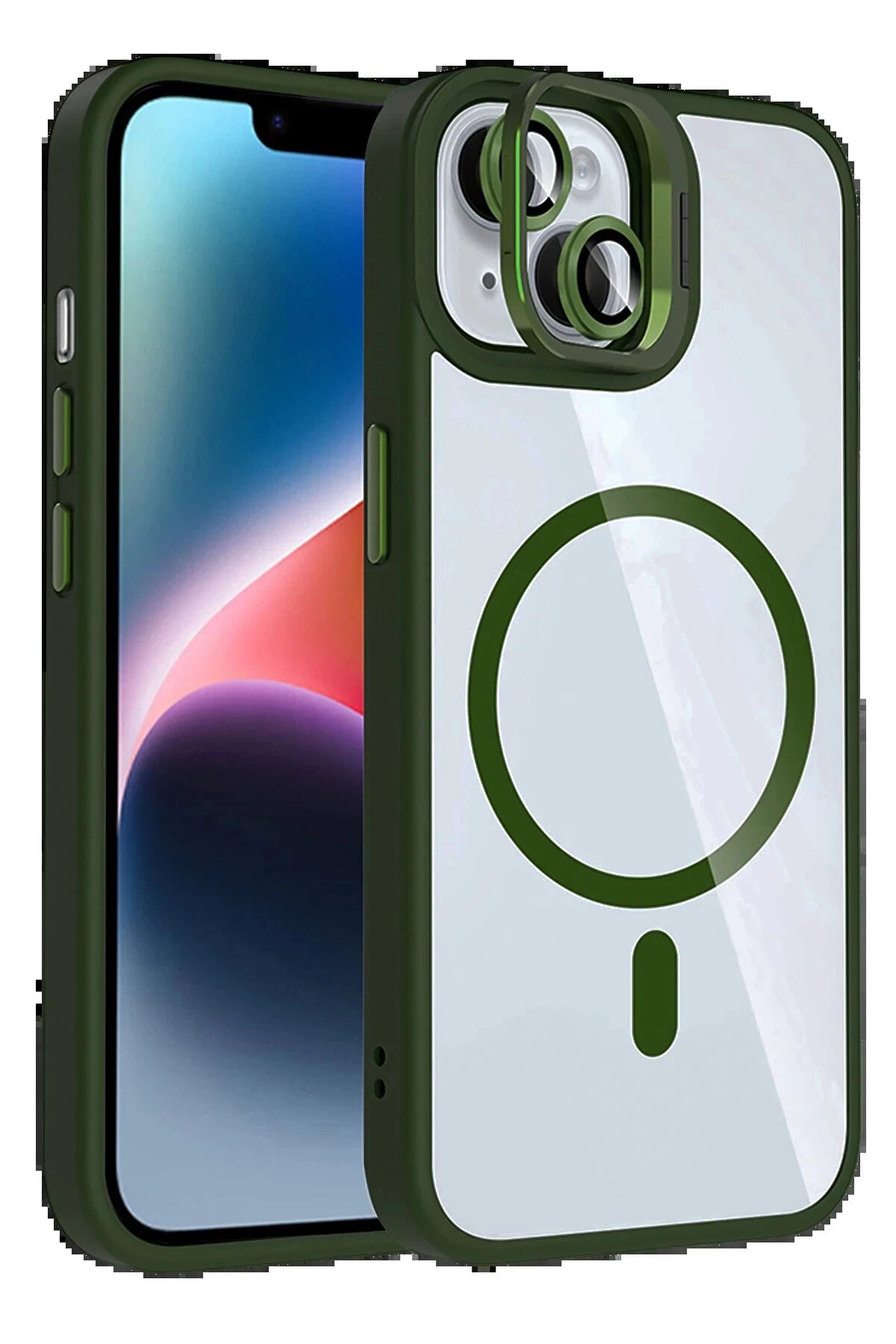 Buti̇k Apple İphone 15 Plus Remi̇m Lensli̇ Magsafe Standlı Kapak - Koyu Yeşi̇l-(5796)