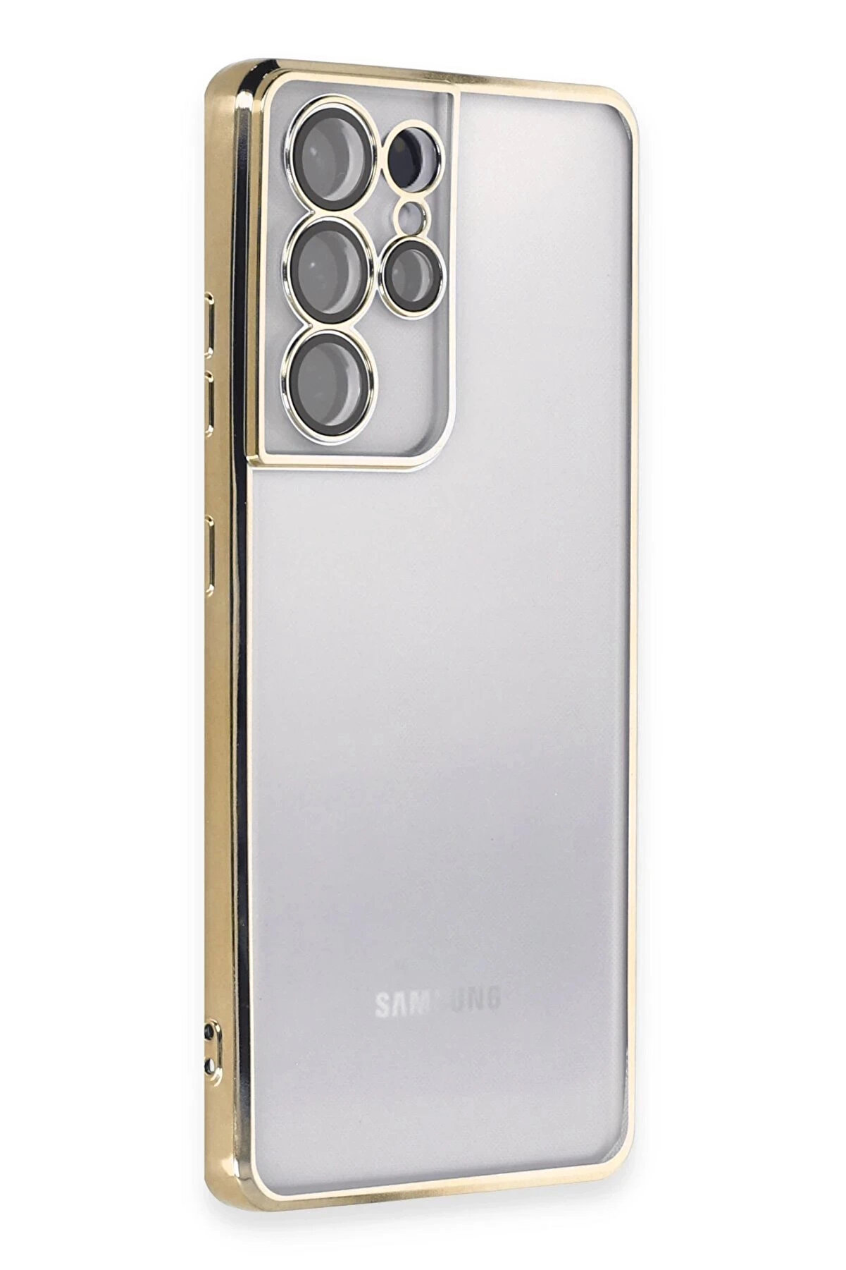 Buti̇k Samsung Galaxy S21 Ultra Kılıf Lensli̇ Si̇li̇kon - Gold-(5796)