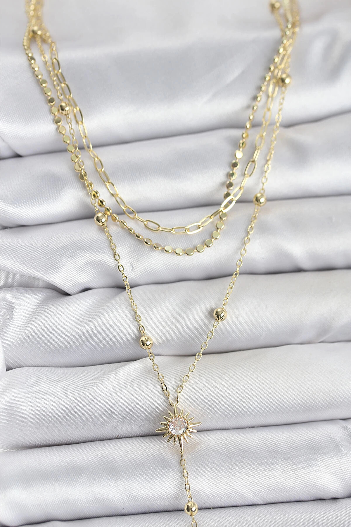 Buti̇k Pi̇ri̇n&ccedil; Gold Renk G&uuml;neş Model Detaylı 3 L&uuml; Kombi̇n Y Kadın Kolye