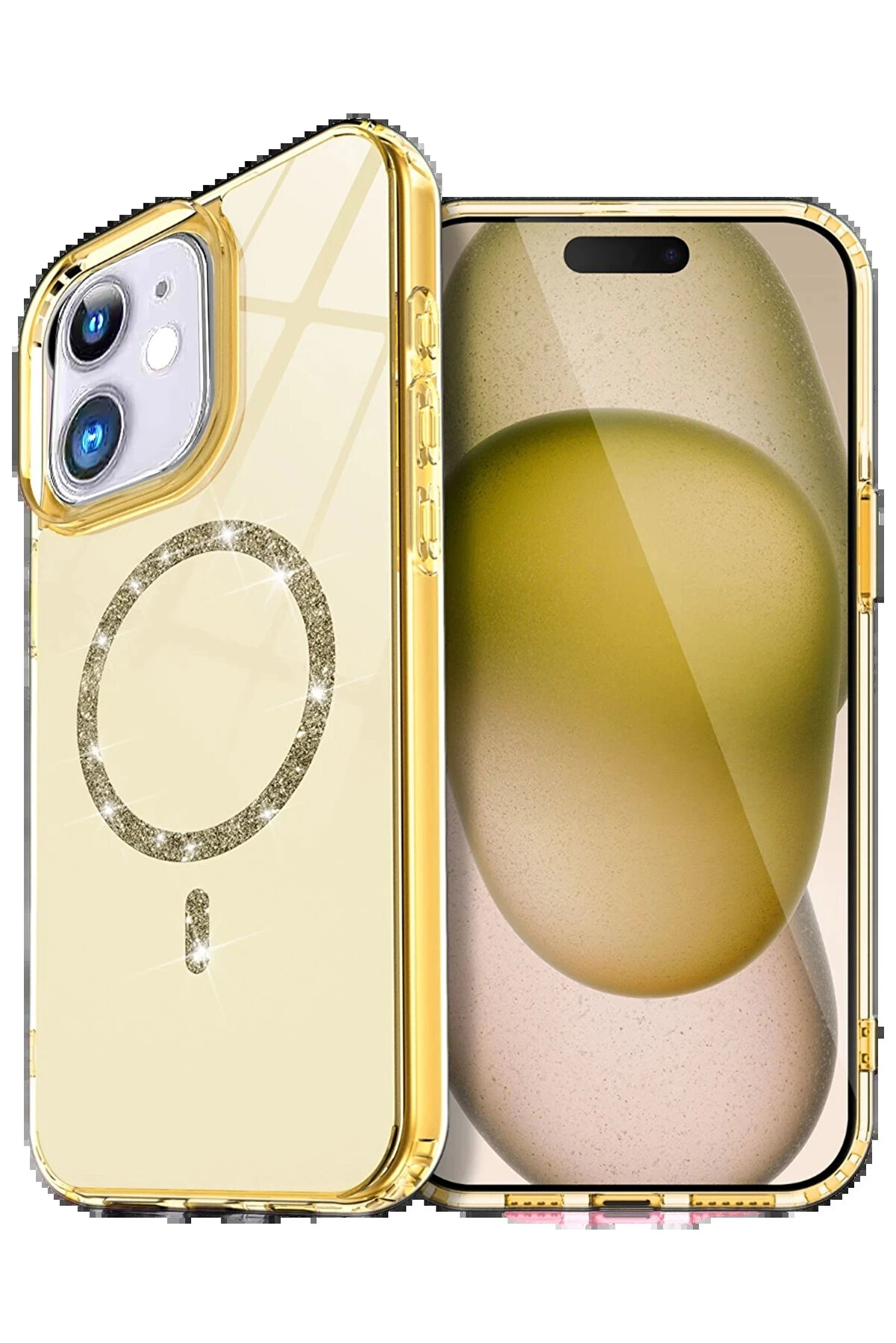 Buti̇k Apple İphone 12 Li̇ve Di̇amond Magsafe Kapak - Sarı-(5796)