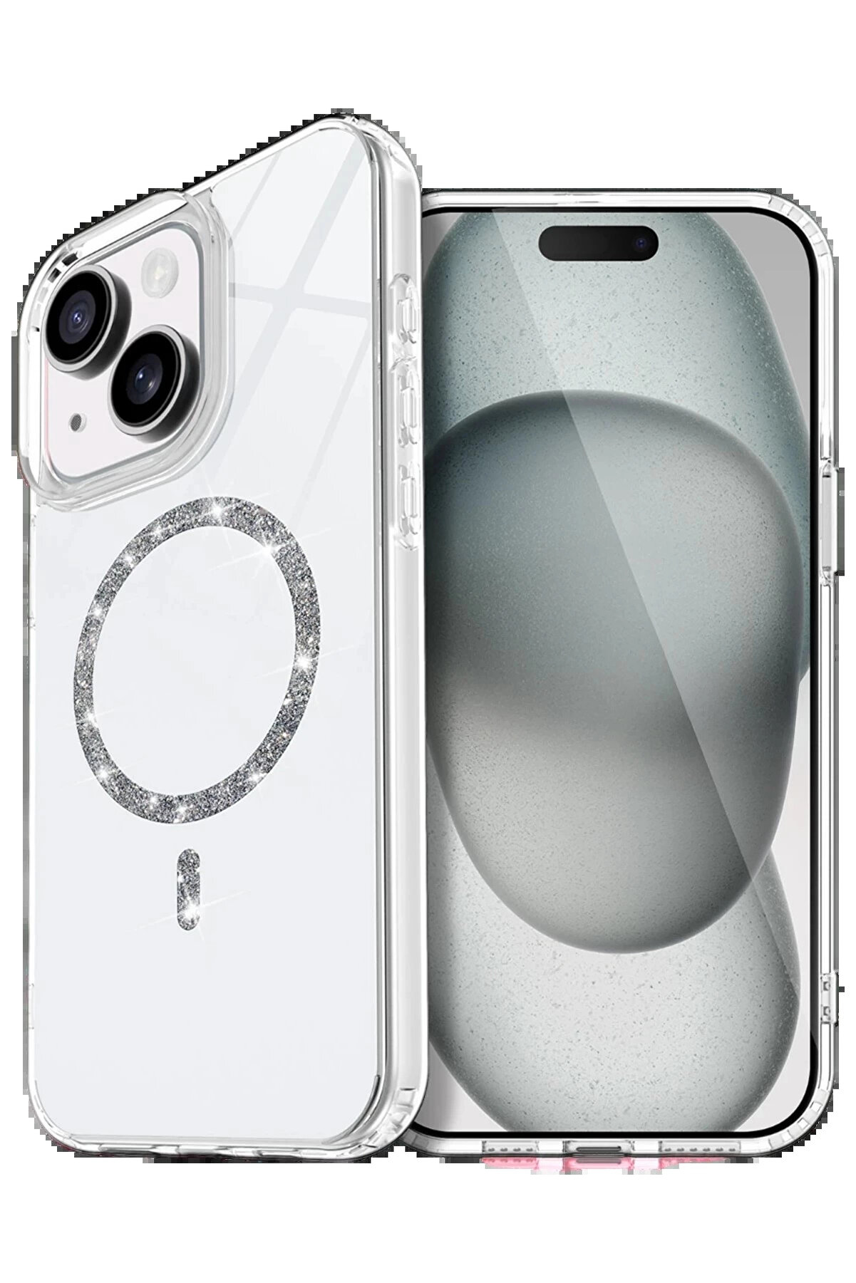 Buti̇k Apple İphone 15 Plus Li̇ve Di̇amond Magsafe Kapak - Şeffaf-(5796)