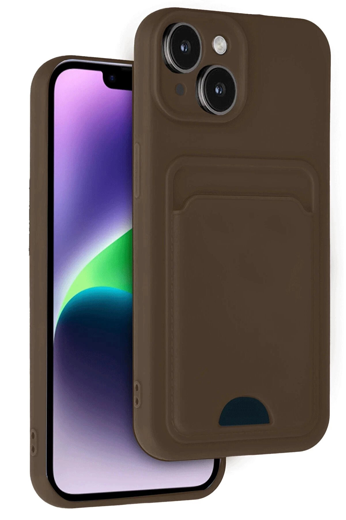 Buti̇k İphone 14 Kılıf Kelvi̇n Kartvi̇zi̇tli̇ Si̇li̇kon - Kahverengi̇-(5796)