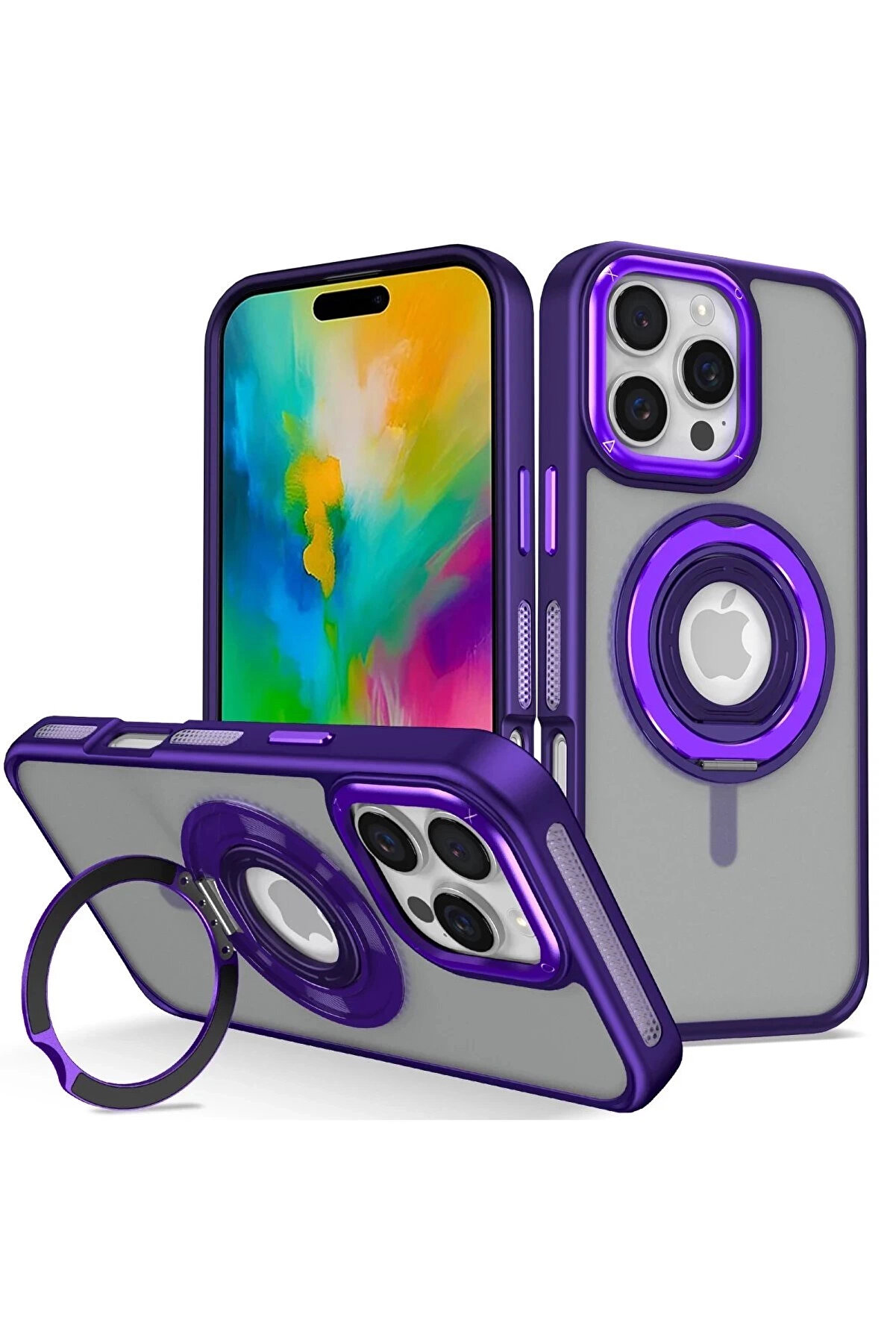 Buti̇k İphone 16 Pro Banza Magsafe Standlı Kapak - Deri̇n Mor-(5796)