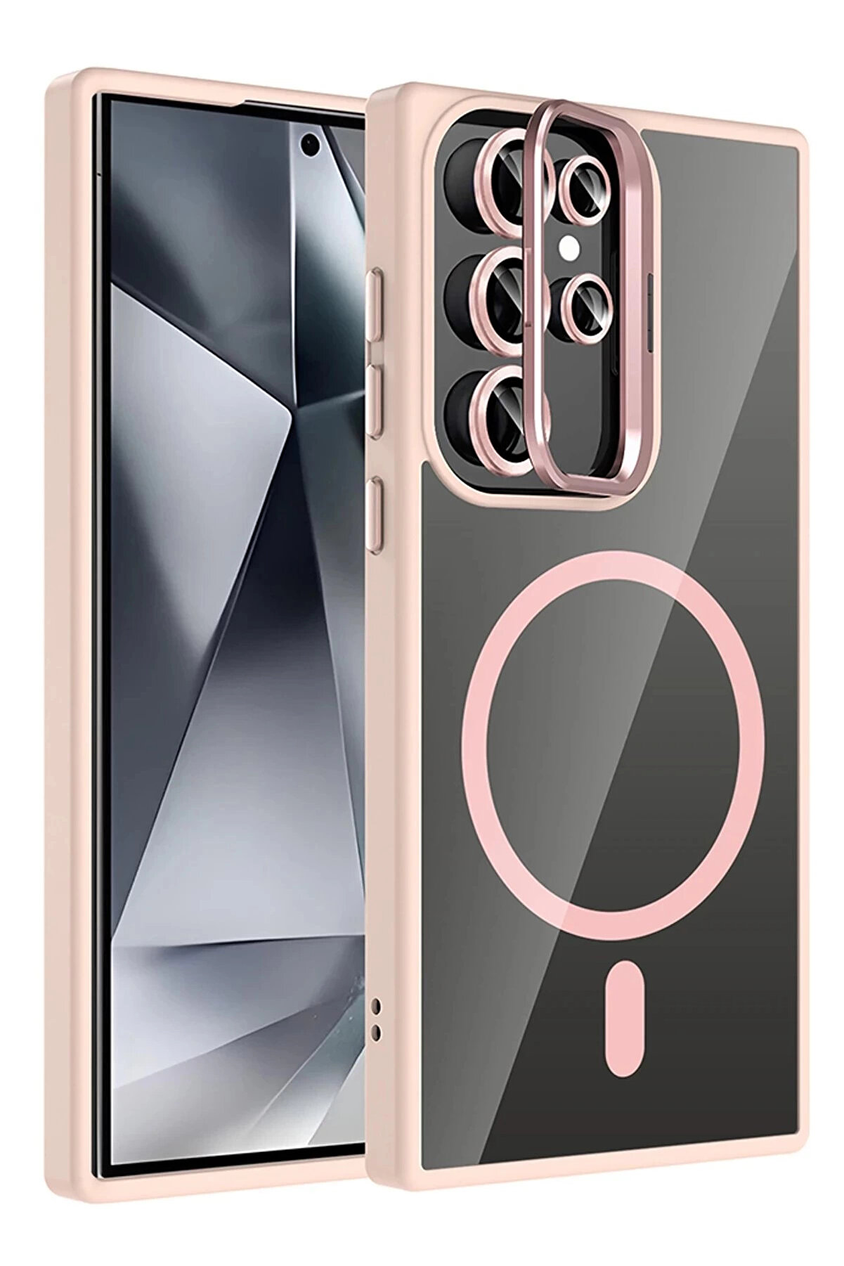 Buti̇k Samsung Galaxy S23 Ultra Remi̇m Lensli̇ Magsafe Standlı Kapak - Pembe-(5796)