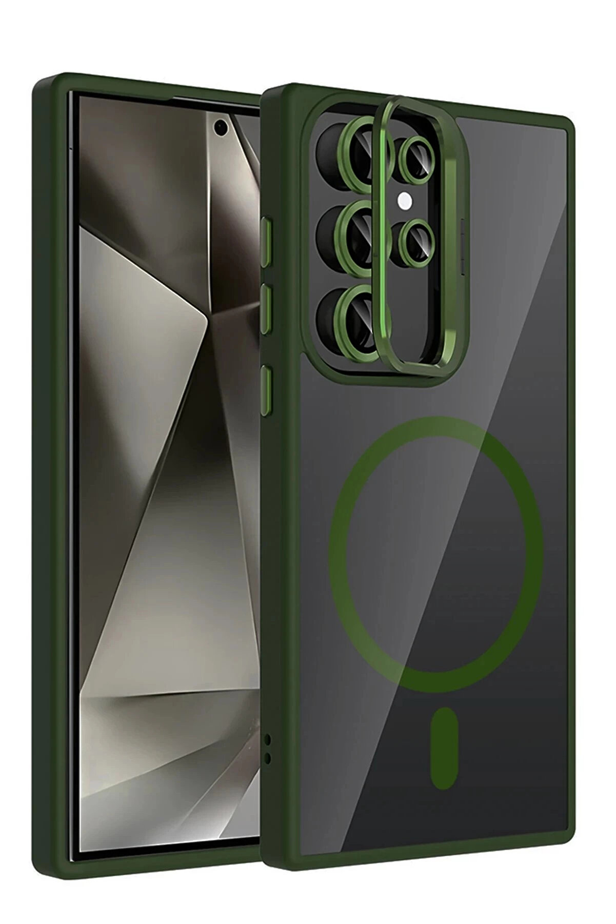 Buti̇k Samsung Galaxy S25 Ultra Remi̇m Lensli̇ Magsafe Standlı Kapak - Koyu Yeşi̇l-(5796)