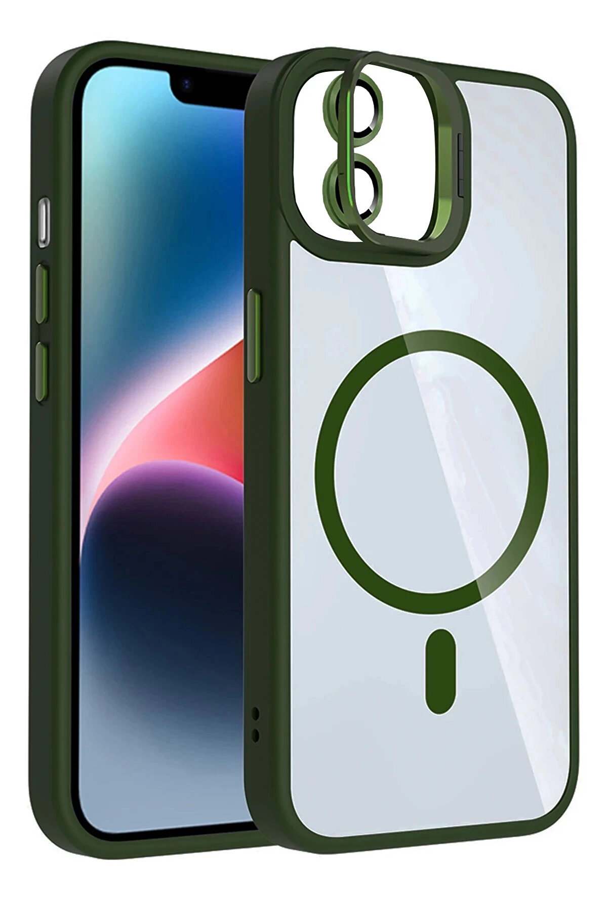 Buti̇k Apple İphone 11 Remi̇m Lensli̇ Magsafe Standlı Kapak - Koyu Yeşi̇l-(5796)