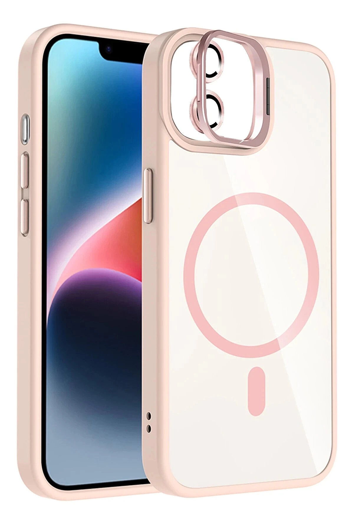 Buti̇k Apple İphone 11 Remi̇m Lensli̇ Magsafe Standlı Kapak - Pembe-(5796)