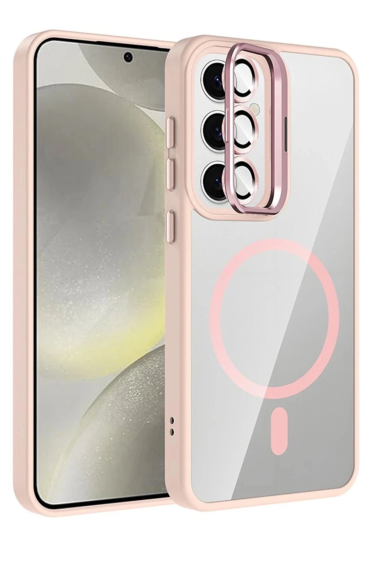 Buti̇k Samsung Galaxy S25 Remi̇m Lensli̇ Magsafe Standlı Kapak - Pembe-(5796)