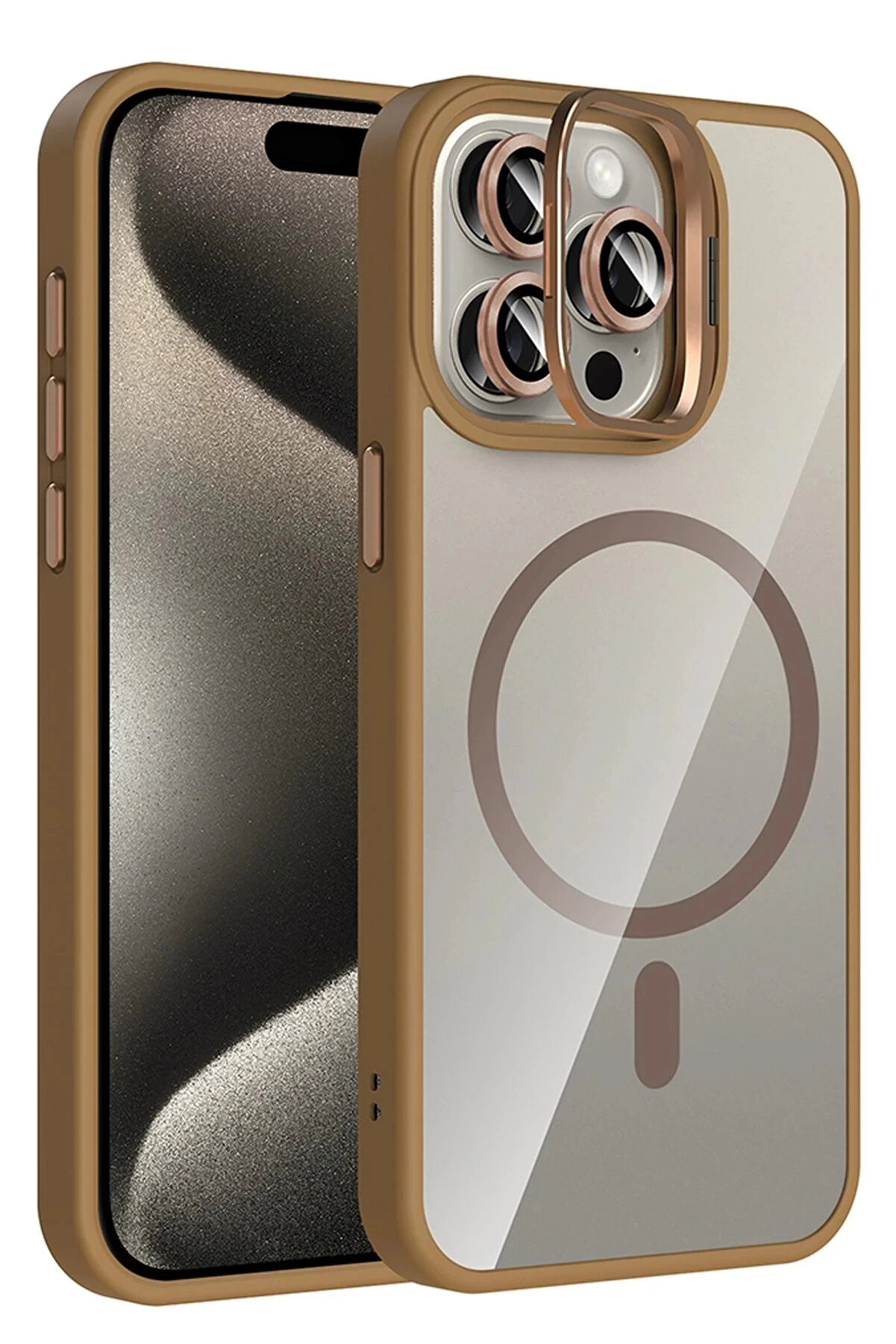 Buti̇k Apple İphone 15 Pro Max Remi̇m Lensli̇ Magsafe Standlı Kapak - Kahverengi̇-(5796)