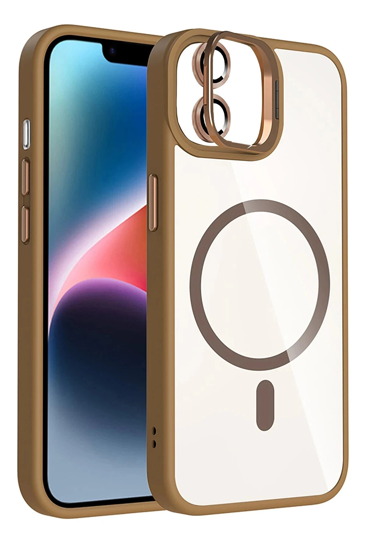 Buti̇k Apple İphone 11 Remi̇m Lensli̇ Magsafe Standlı Kapak - Kahverengi̇-(5796)