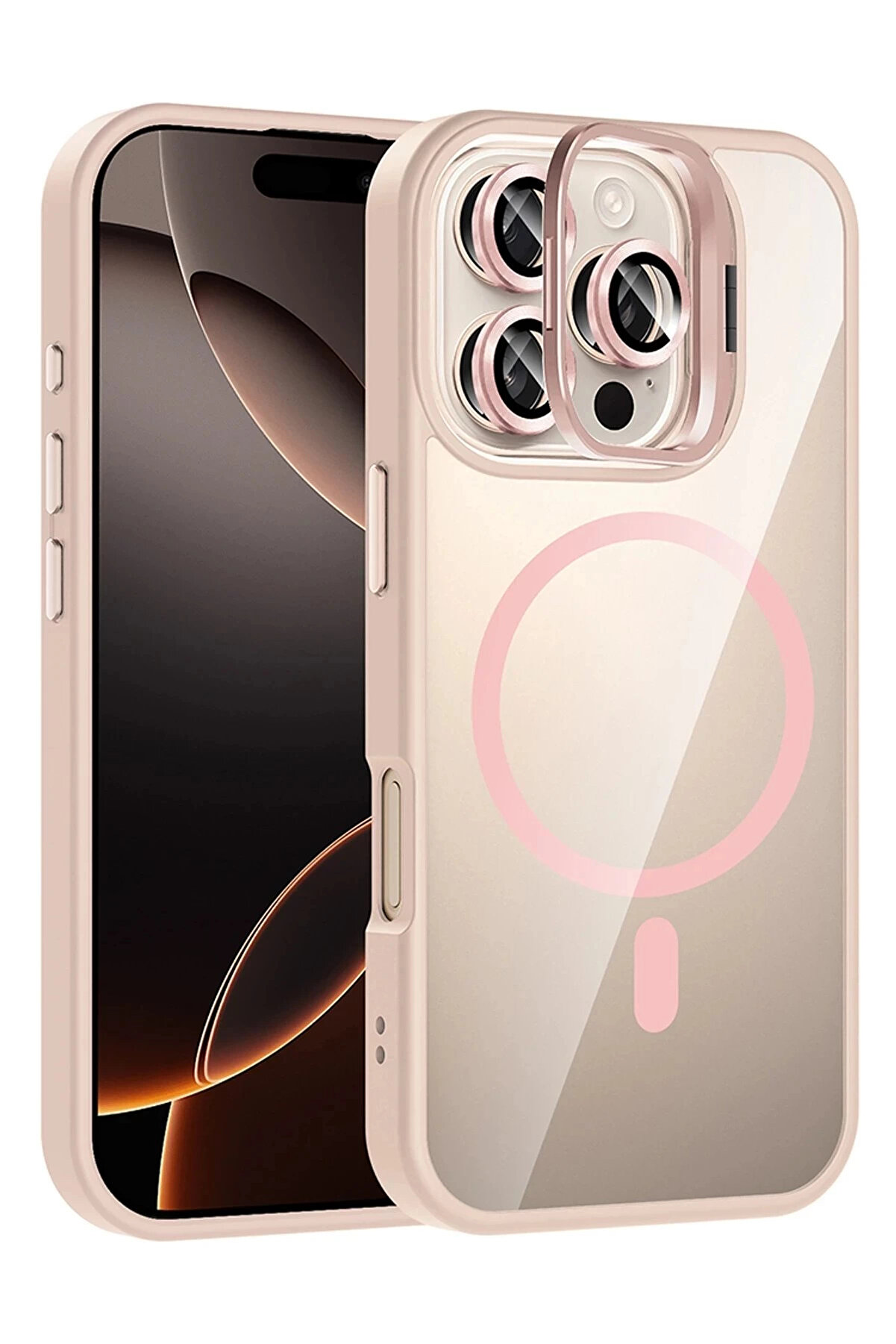 Buti̇k Apple İphone 16 Pro Remi̇m Lensli̇ Magsafe Standlı Kapak - Pembe-(5796)
