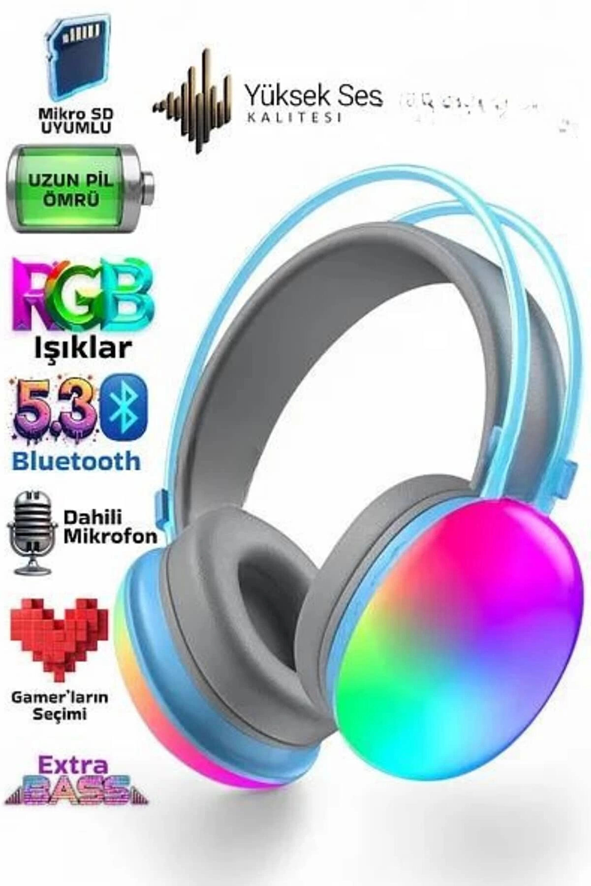 Mkr Yeni̇ Nesi̇l Kulak &Uuml;st&uuml; Kablosuz Uzun &Ouml;m&uuml;rl&uuml; Rgb Işıklı Bluetooth Kulaklık