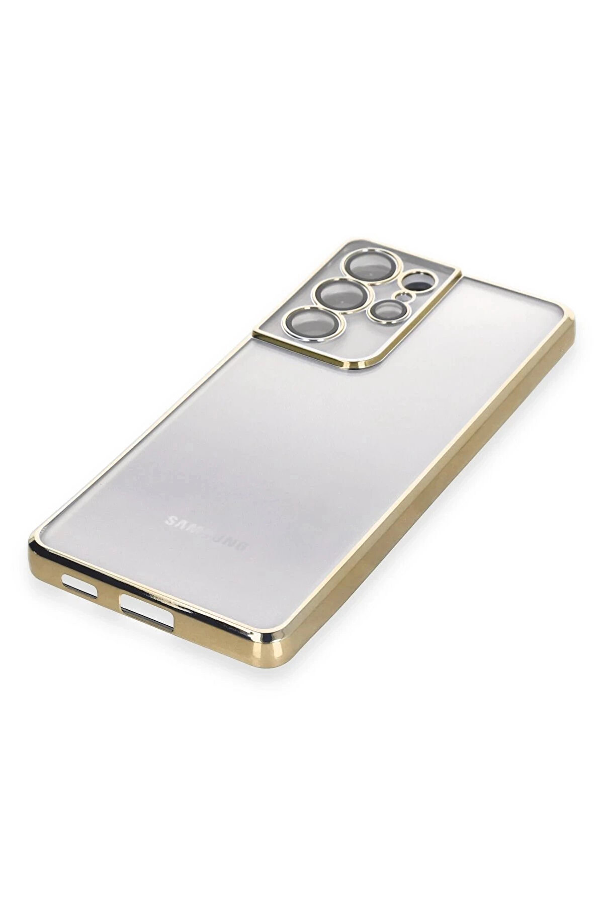 Buti̇k Samsung Galaxy S21 Ultra Kılıf Lensli̇ Si̇li̇kon - Gold-(5796)