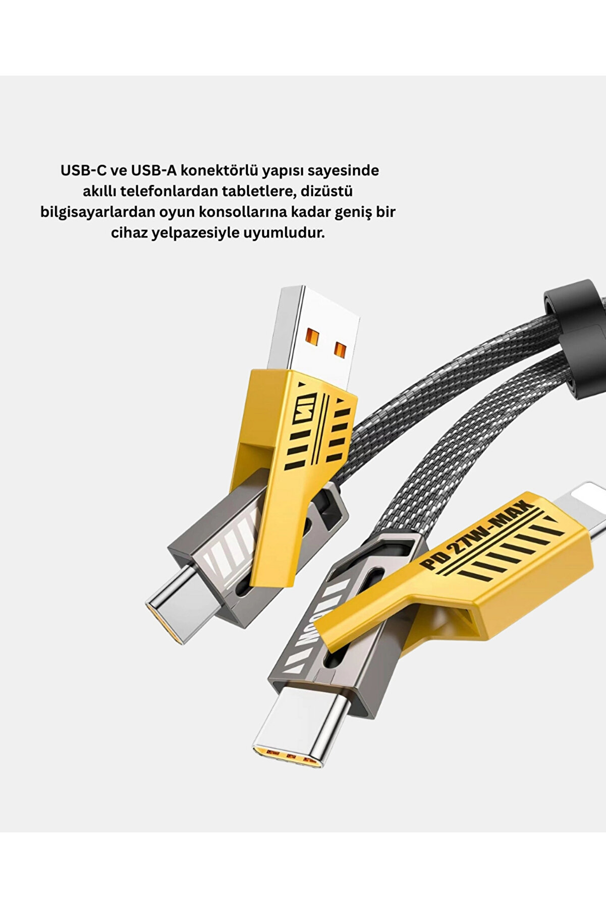 Buti̇k 65W 4&rsquo;&Uuml; 1 Arada &Ouml;rg&uuml;l&uuml; Hızlı Şarj Kablosu Usb-C Usb-A &Ccedil;oklu Şarj Dayanıklı