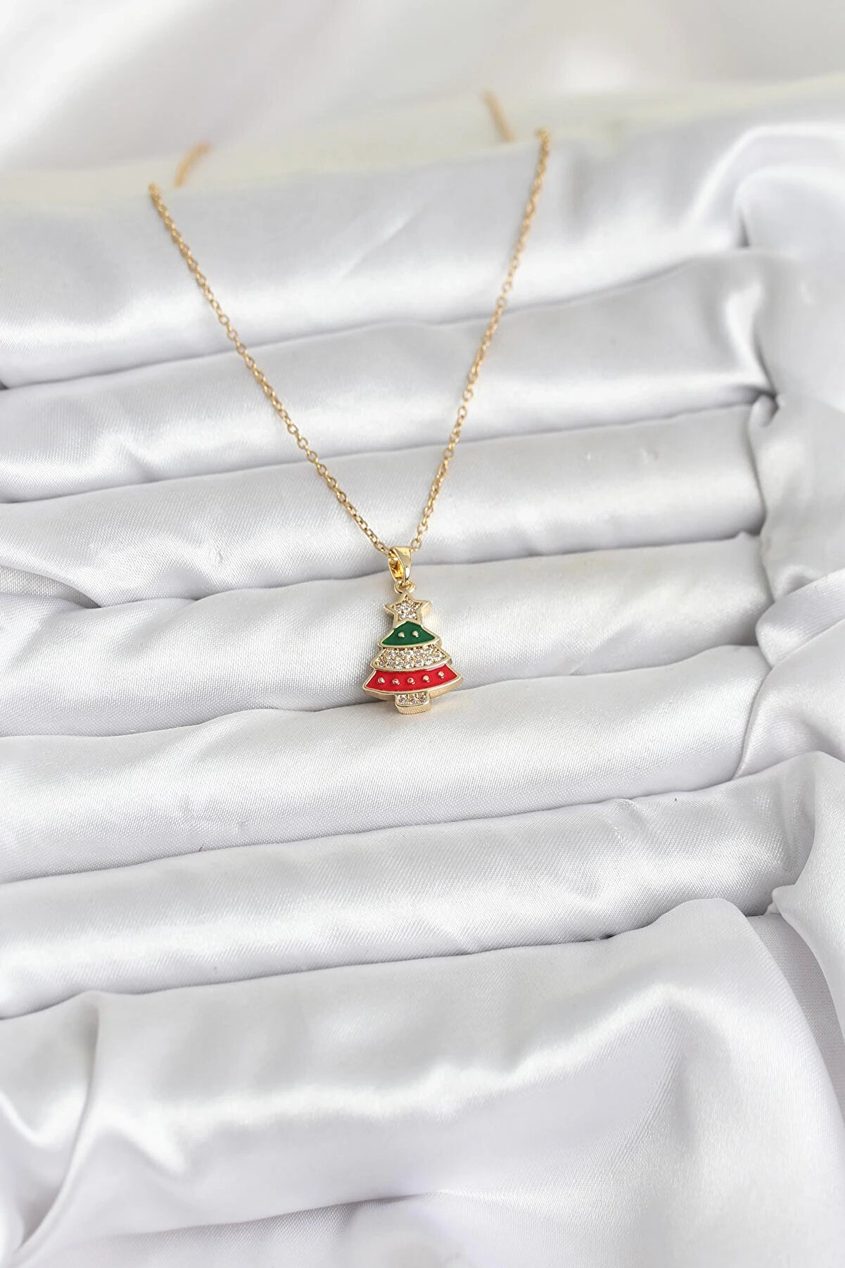 Olmi̇ra Store 316L &Ccedil;eli̇k Zi̇nci̇r Gold Ren &Ccedil;am Ağacı Model Zi̇rkon Taşlı Yılbaşı Temalı Kadın Kolye