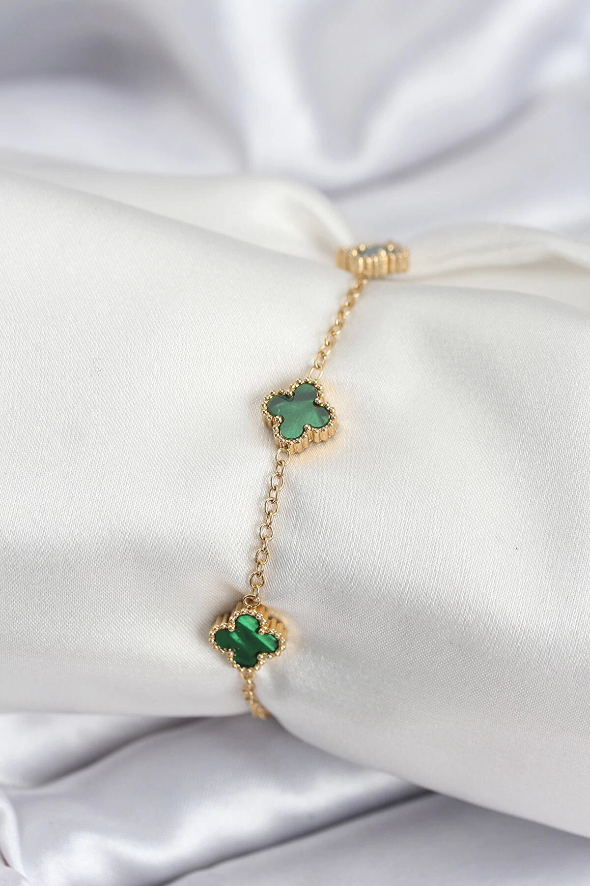 Dodes 316L &Ccedil;eli̇k Gold Renk Yeşi̇l Baby Boy Yonca Kadın Bi̇lekli̇k