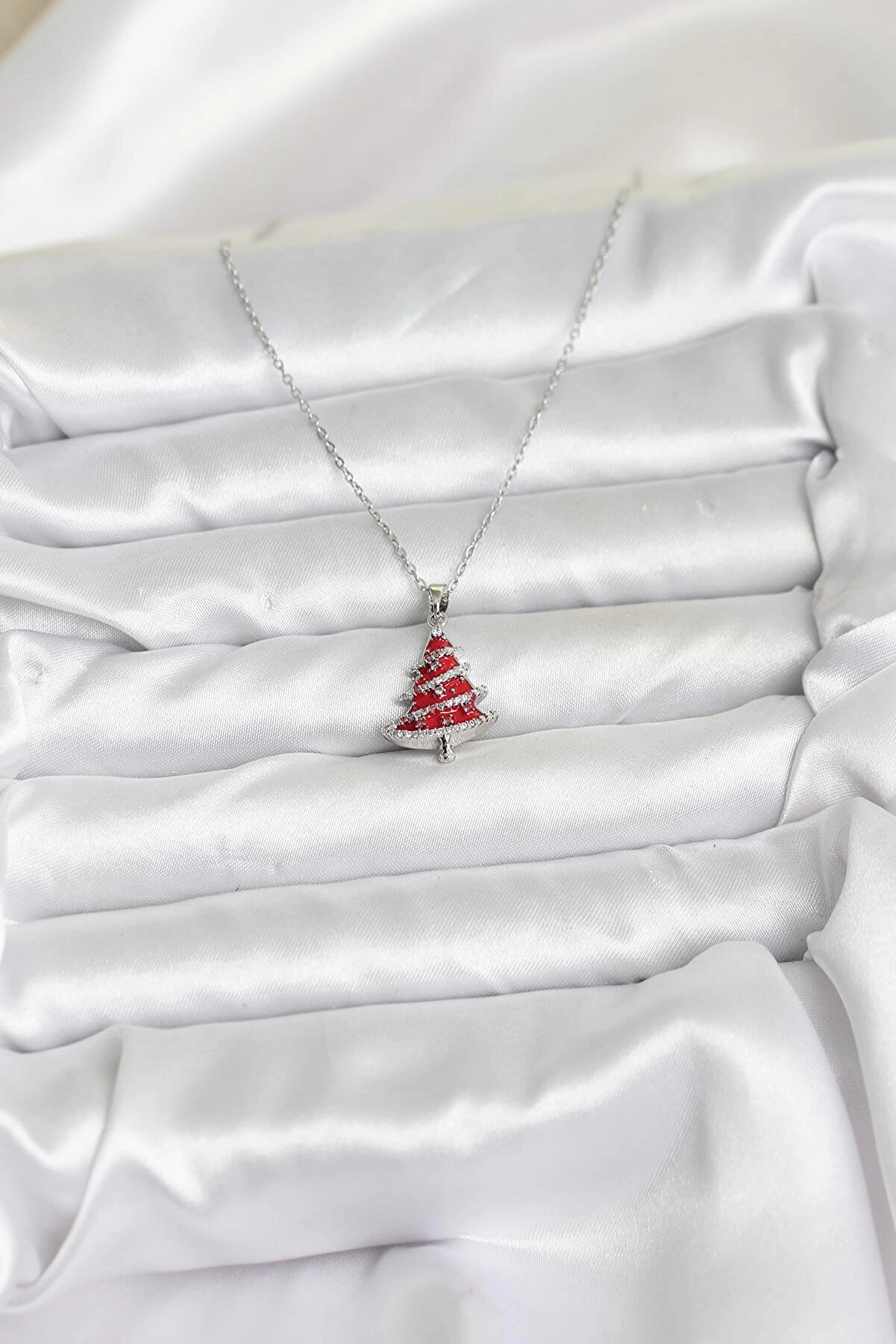 Buti̇k 316L &Ccedil;eli̇k Zi̇nci̇r G&uuml;m&uuml;ş Renk Kırmızı &Ccedil;am Ağacı Model Yılbaşı Temalı Kadın Kolye