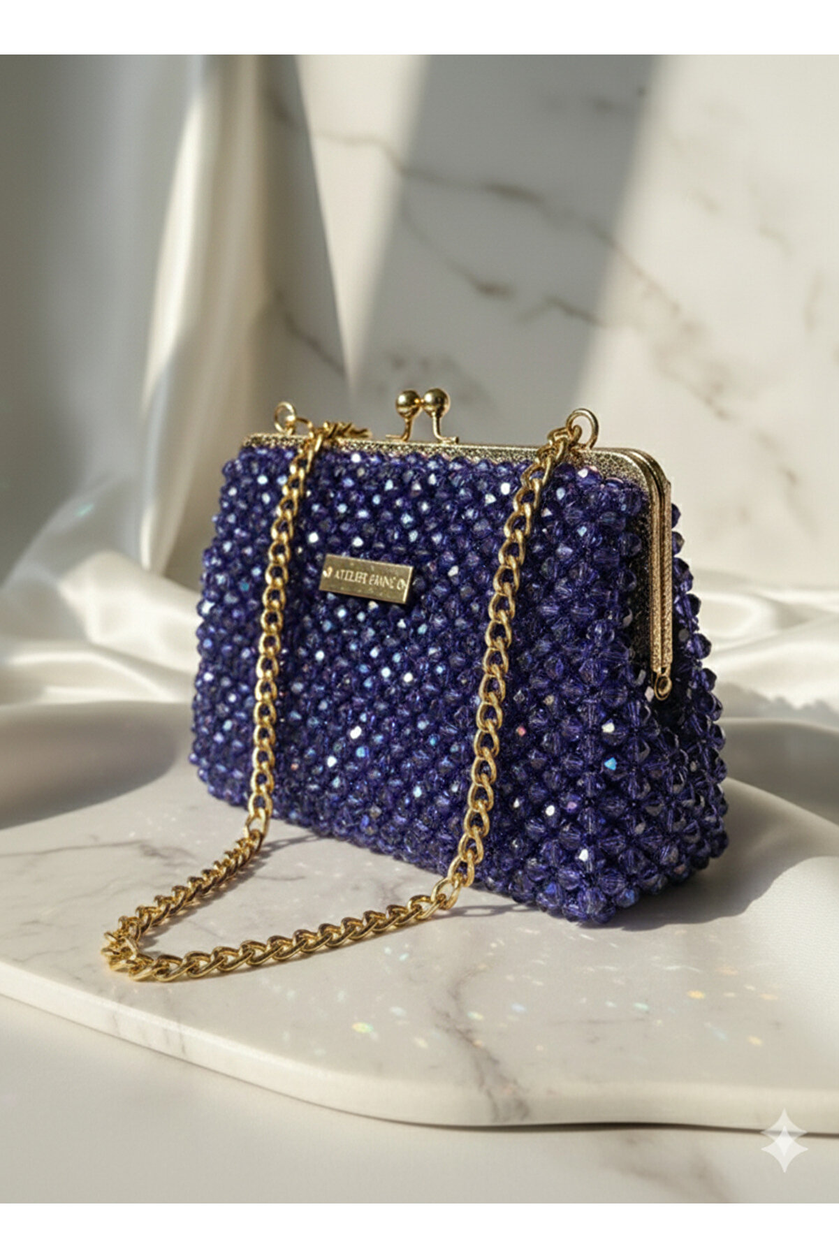 Ateli̇er Emi̇ne Mi̇dni̇ght Sapphi̇re Creme – Özel Üreti̇m Kri̇stal Çanta