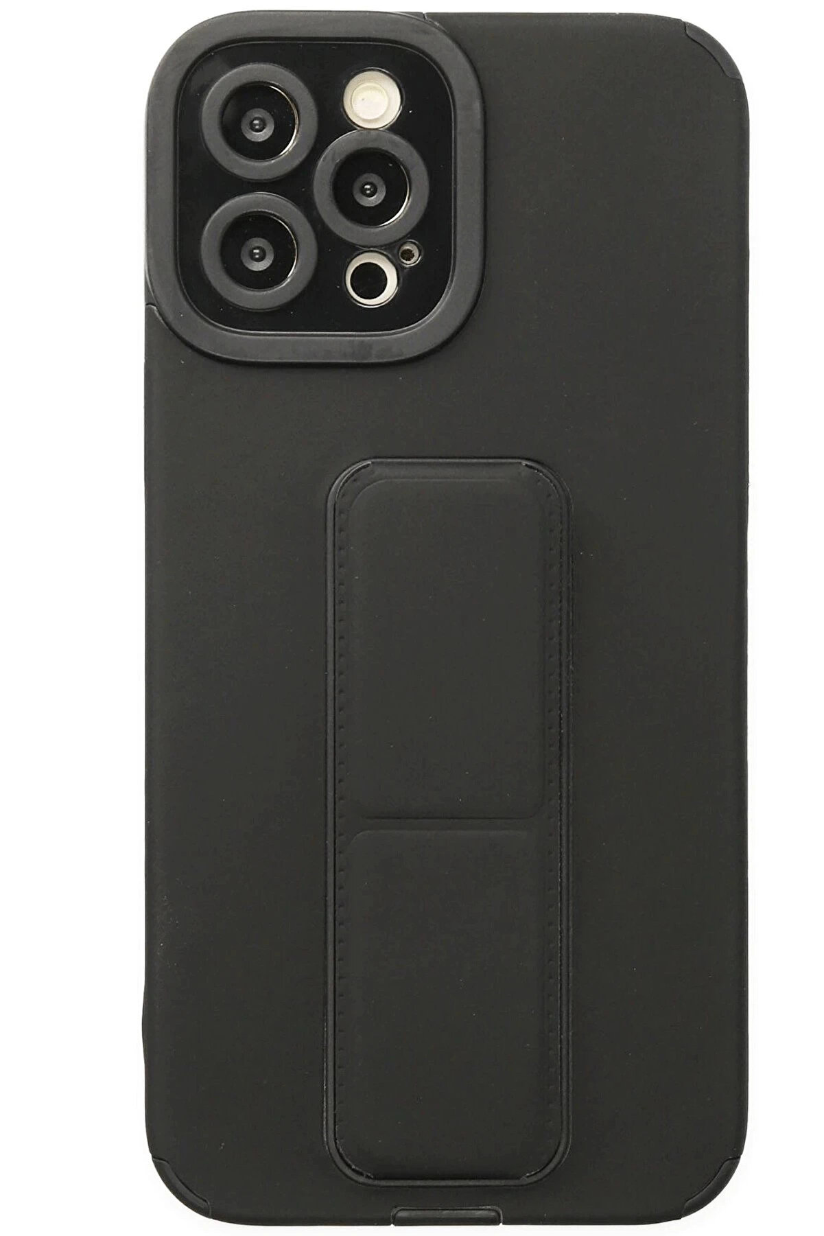 Buti̇k İphone 12 Pro Kılıf Mega Standlı Si̇li̇kon - Si̇yah-(5796)