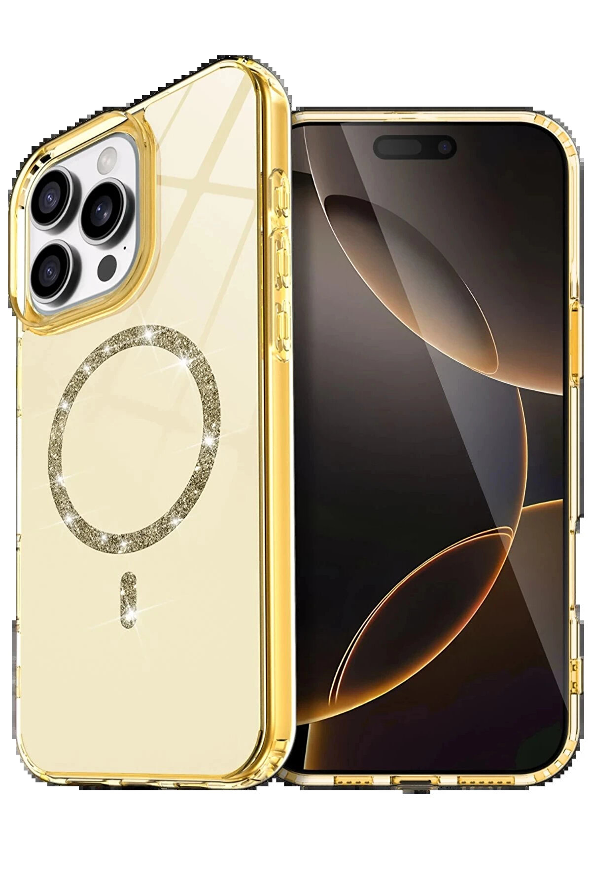 Buti̇k Apple İphone 15 Pro Max Li̇ve Di̇amond Magsafe Kapak - Sarı-(5796)