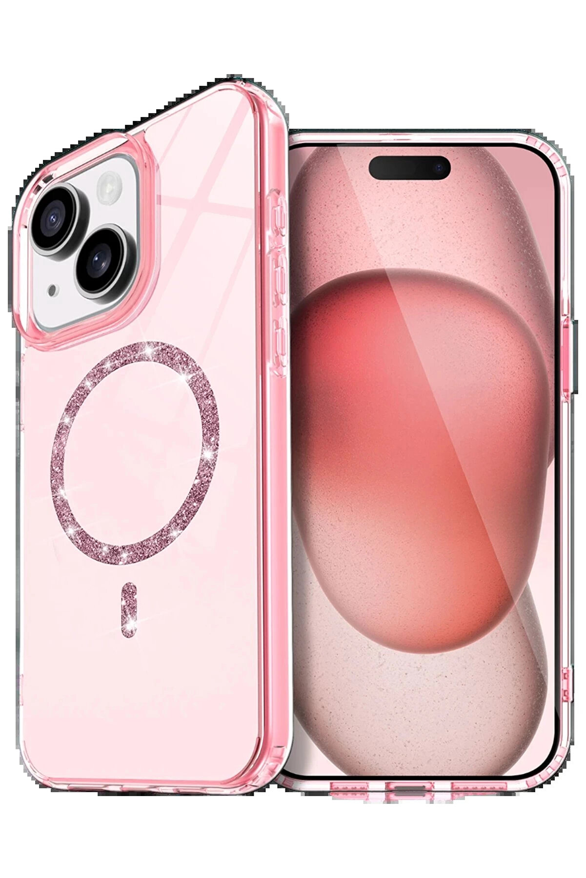 Buti̇k Apple İphone 15 Plus Li̇ve Di̇amond Magsafe Kapak - Pembe-(5796)