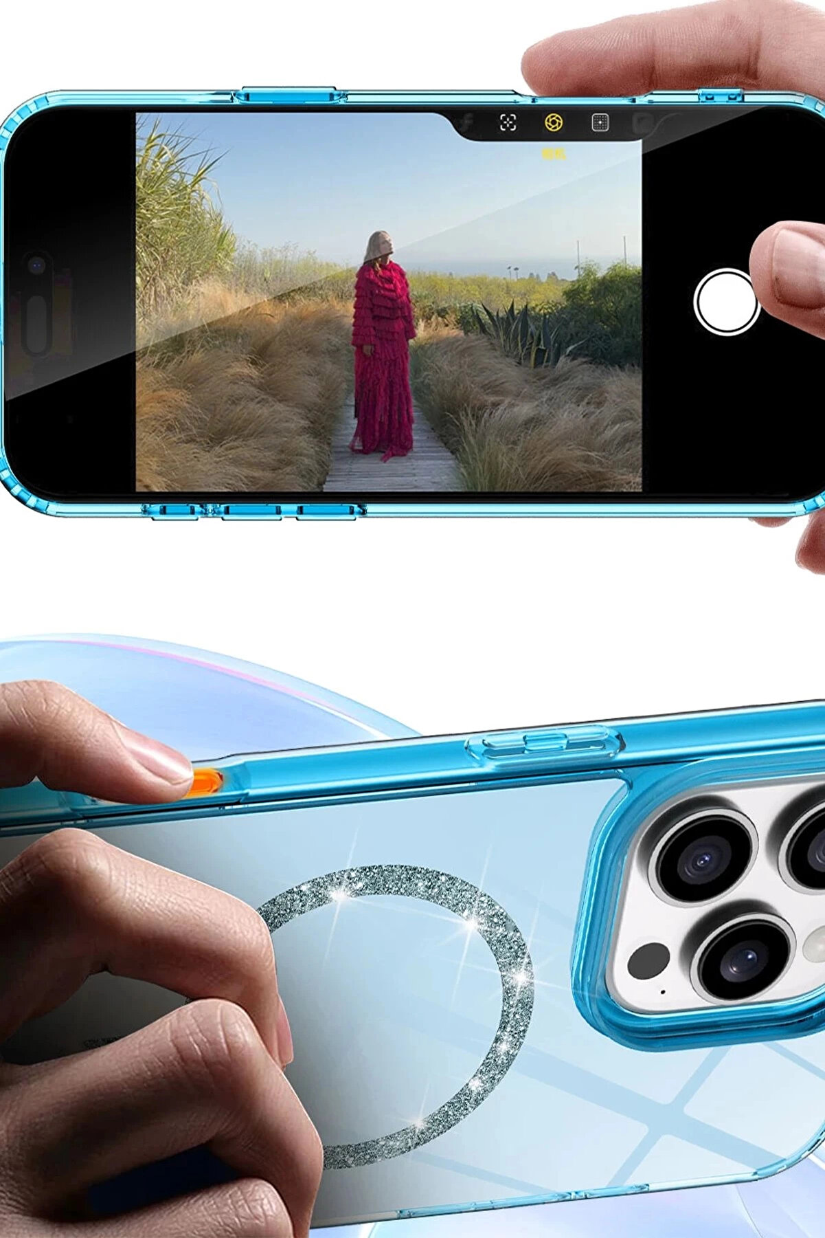 Buti̇k Apple İphone 15 Pro Max Li̇ve Di̇amond Magsafe Kapak - Mavi̇-(5796)