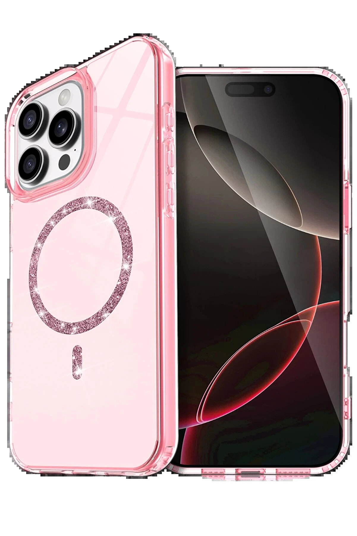 Buti̇k Apple İphone 14 Pro Max Li̇ve Di̇amond Magsafe Kapak - Pembe-(5796)