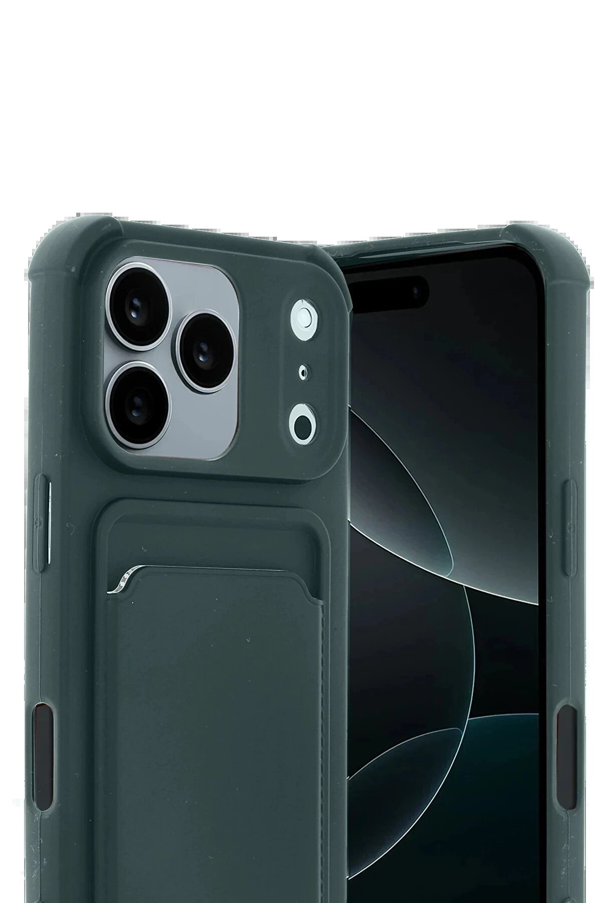 Buti̇k Apple İphone 17 Pro Kelvi̇n Kartvi̇zi̇tli̇ Si̇li̇kon - Koyu Yeşi̇l-(5796)