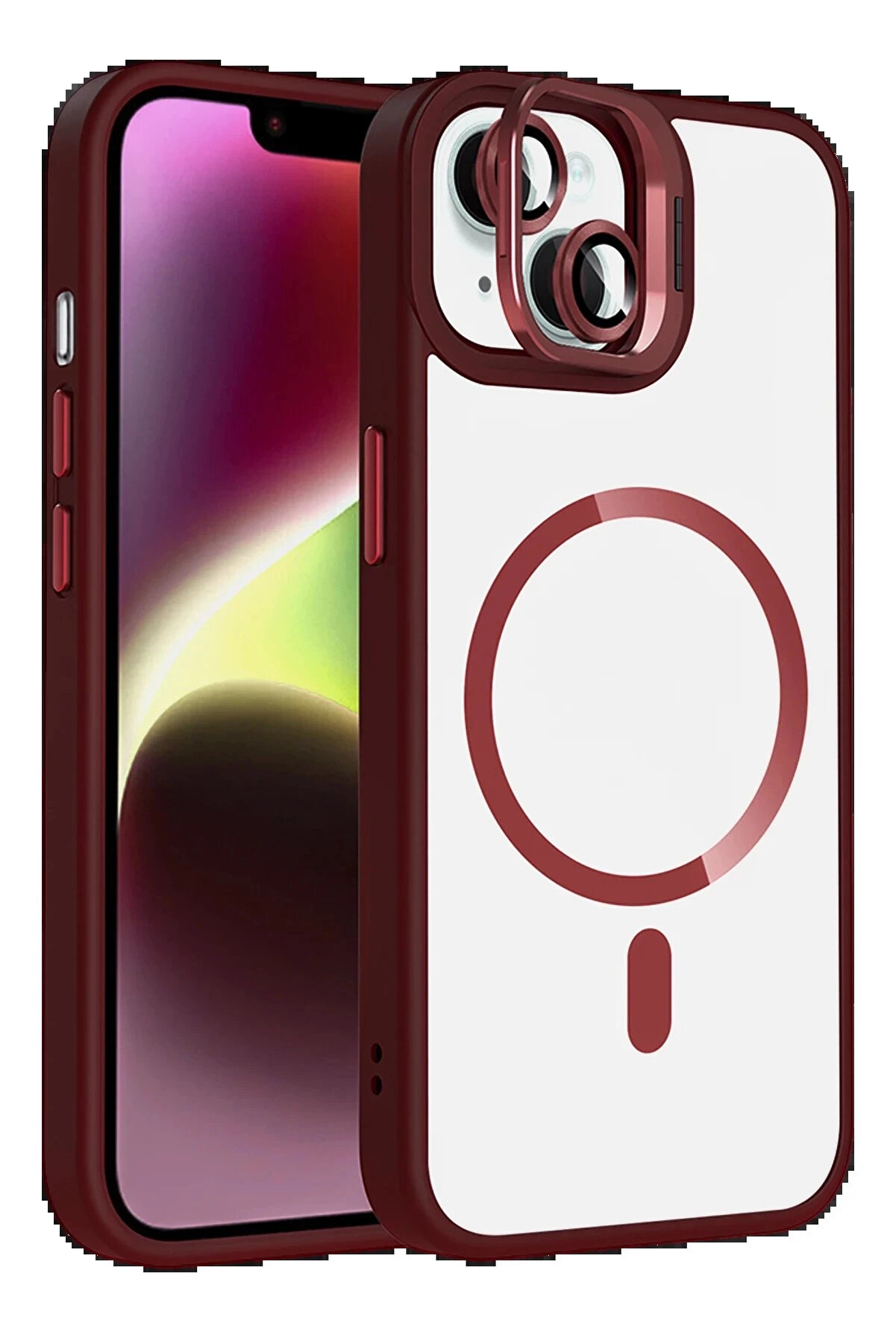 Buti̇k Apple İphone 13 Remi̇m Lensli̇ Magsafe Standlı Kapak - Bordo-(5796)