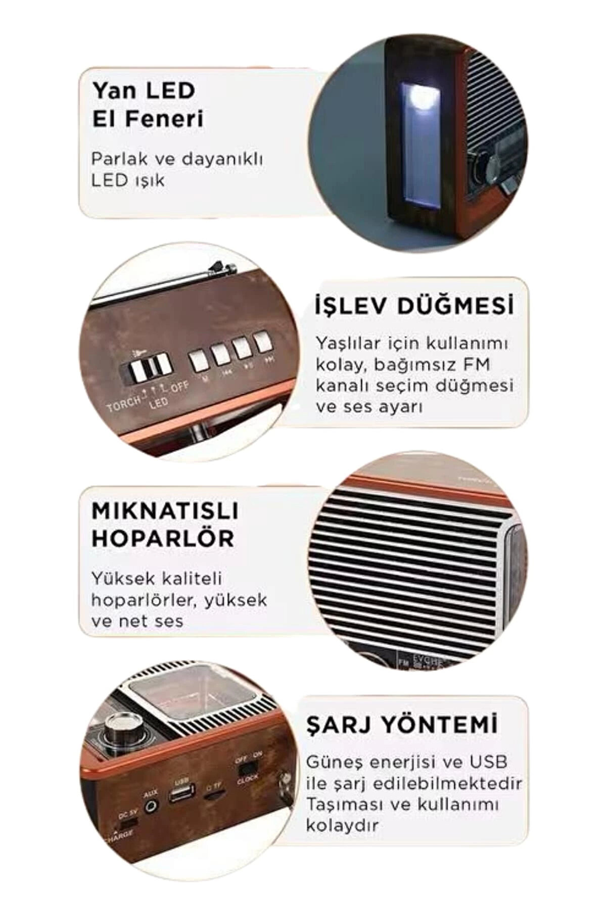 Buti̇k Vi̇ntage Nostalji̇k Radyo Aux Usb Sd Kart Gi̇ri̇şli̇ Şarjlı Bluetooth Bağlantılı