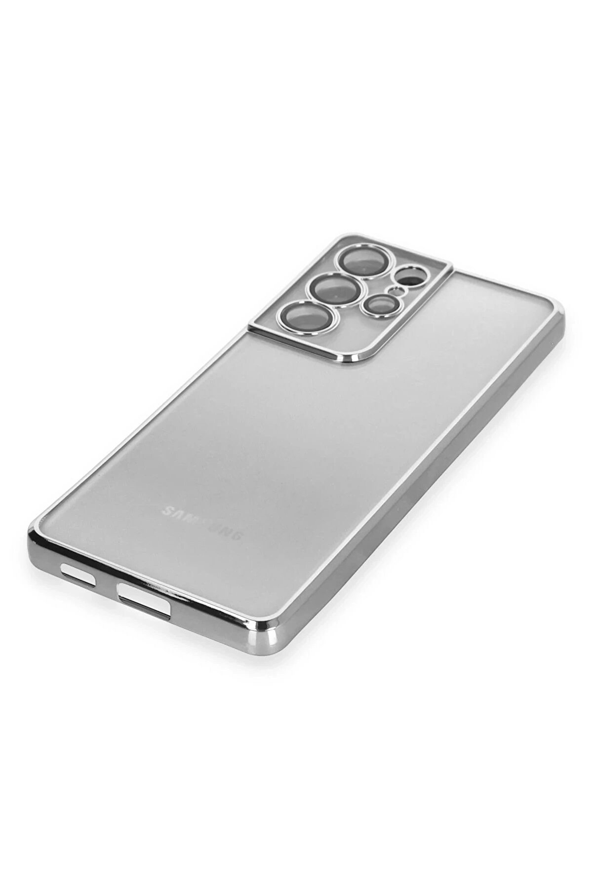 Buti̇k Samsung Galaxy S21 Ultra Kılıf Lensli̇ Si̇li̇kon - G&uuml;m&uuml;ş-(5796)