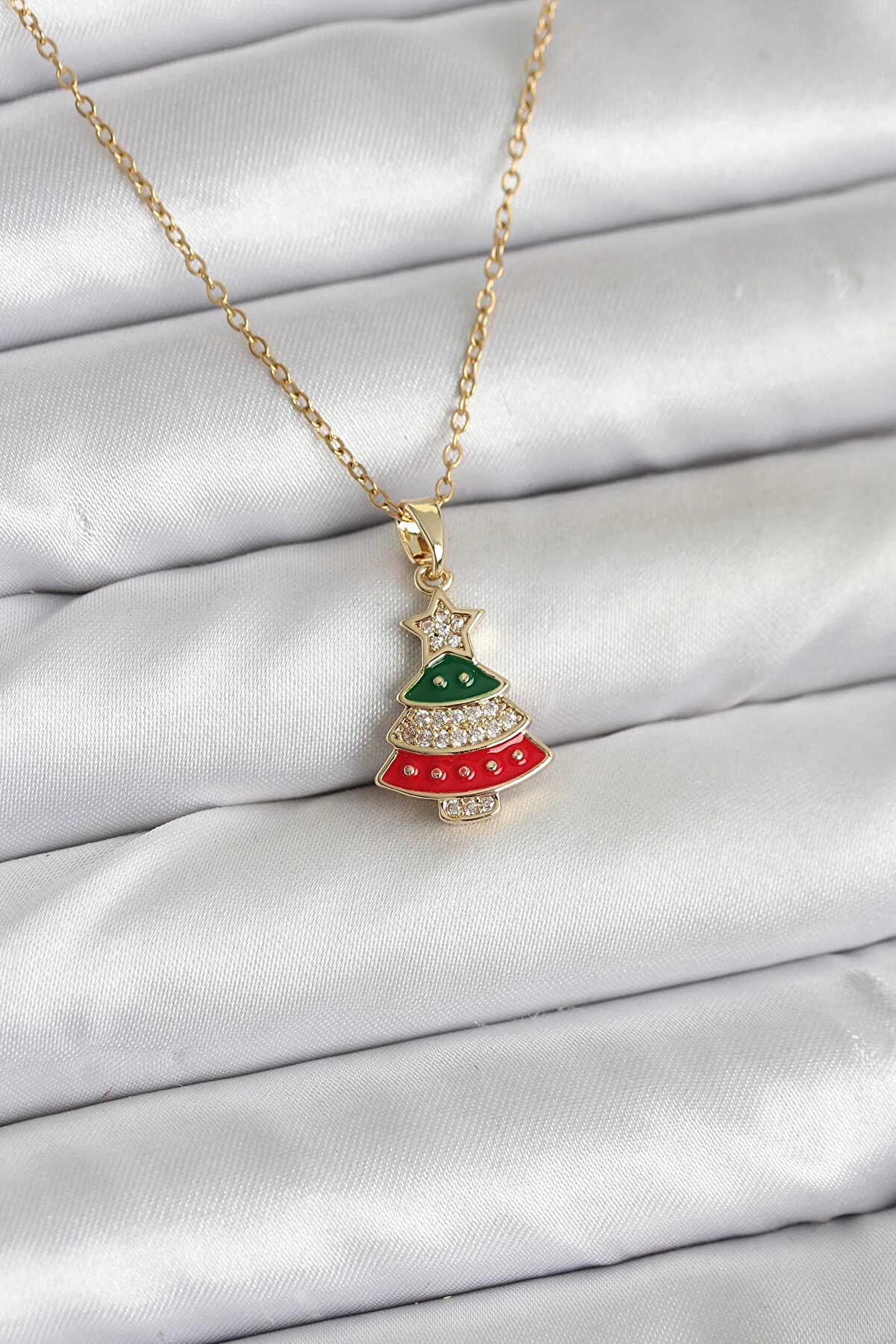 Olmi̇ra Store 316L &Ccedil;eli̇k Zi̇nci̇r Gold Ren &Ccedil;am Ağacı Model Zi̇rkon Taşlı Yılbaşı Temalı Kadın Kolye