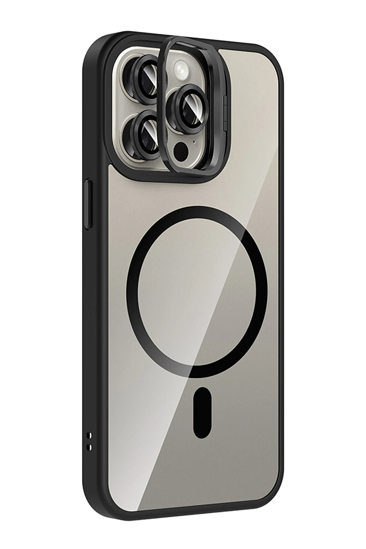 Buti̇k Harmonyaura Apple İphone 14 Pro Max Remi̇m Lensli̇ Magsafe Standlı Kapak - Si̇yah