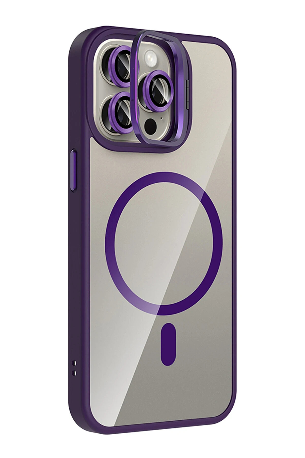 Buti̇k Harmonyaura Apple İphone 14 Pro Max Remi̇m Lensli̇ Magsafe Standlı Kapak - Deri̇n Mor