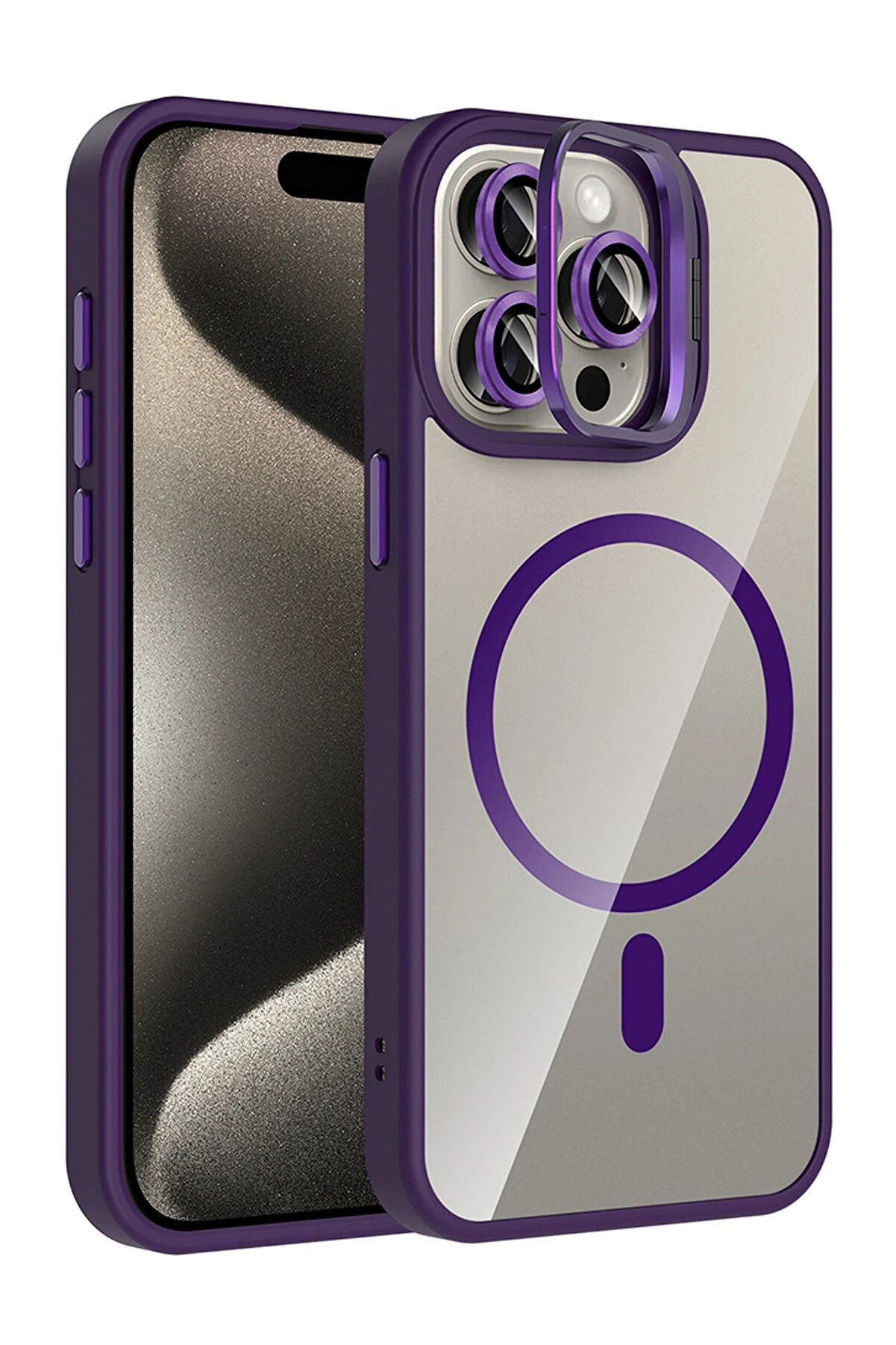 Buti̇k Harmonyaura Apple İphone 15 Pro Max Remi̇m Lensli̇ Magsafe Standlı Kapak - Deri̇n Mor
