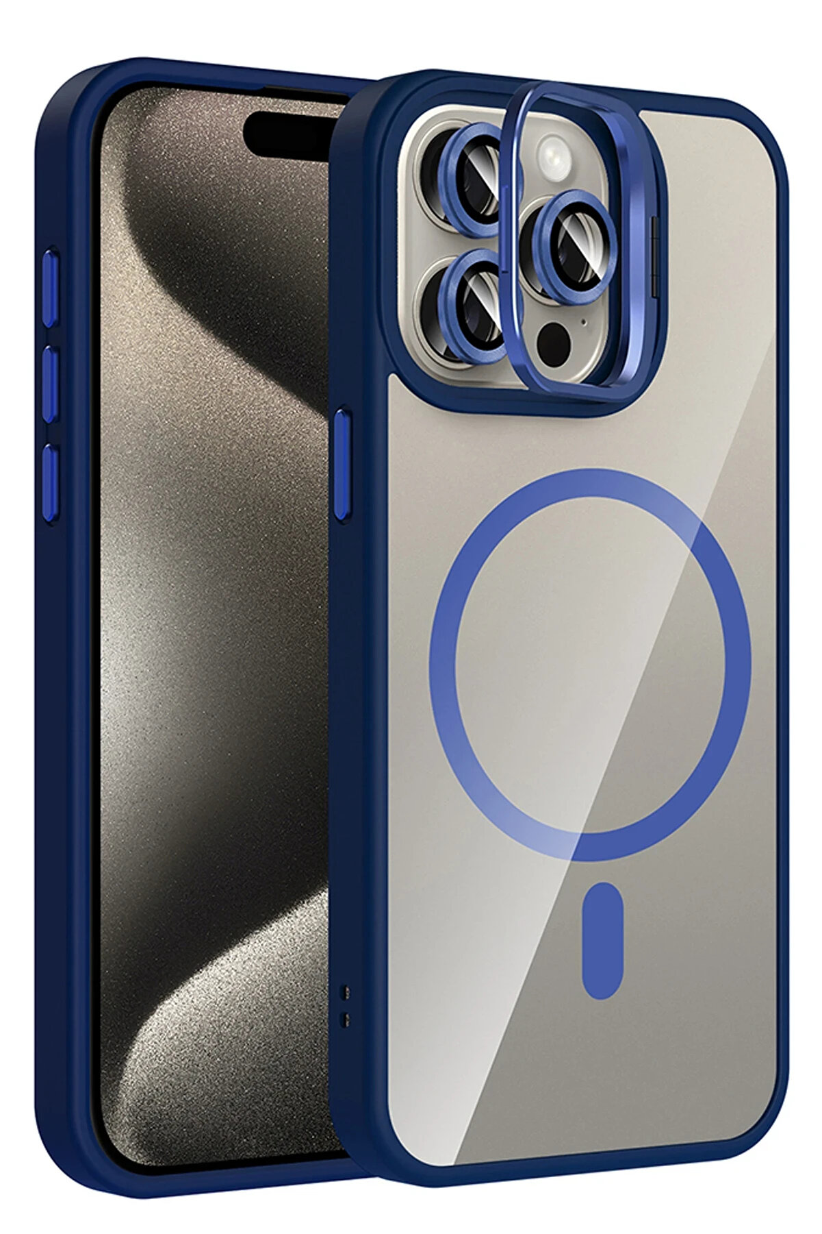 Buti̇k Harmonyaura Apple İphone 15 Pro Max Remi̇m Lensli̇ Magsafe Standlı Kapak - Laci̇vert