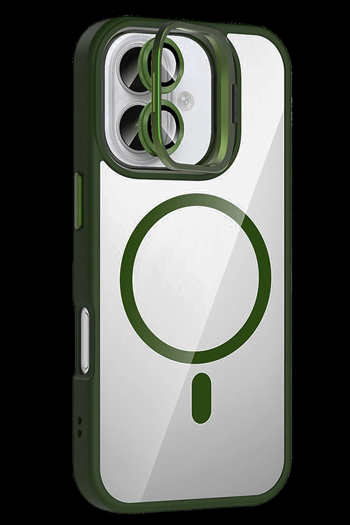 Buti̇k Harmonyaura Apple İphone 16 Remi̇m Lensli̇ Magsafe Standlı Kapak - Koyu Yeşi̇l