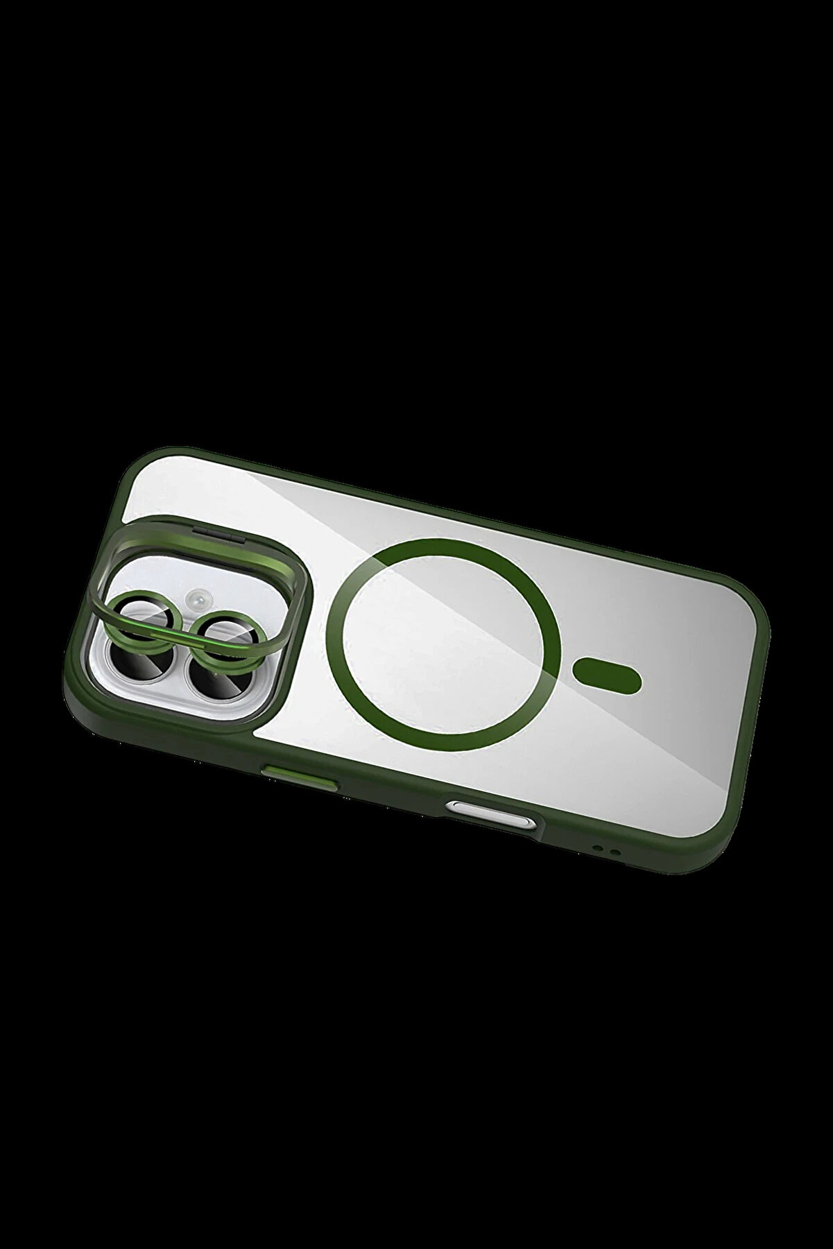 Buti̇k Harmonyaura Apple İphone 16 Remi̇m Lensli̇ Magsafe Standlı Kapak - Koyu Yeşi̇l