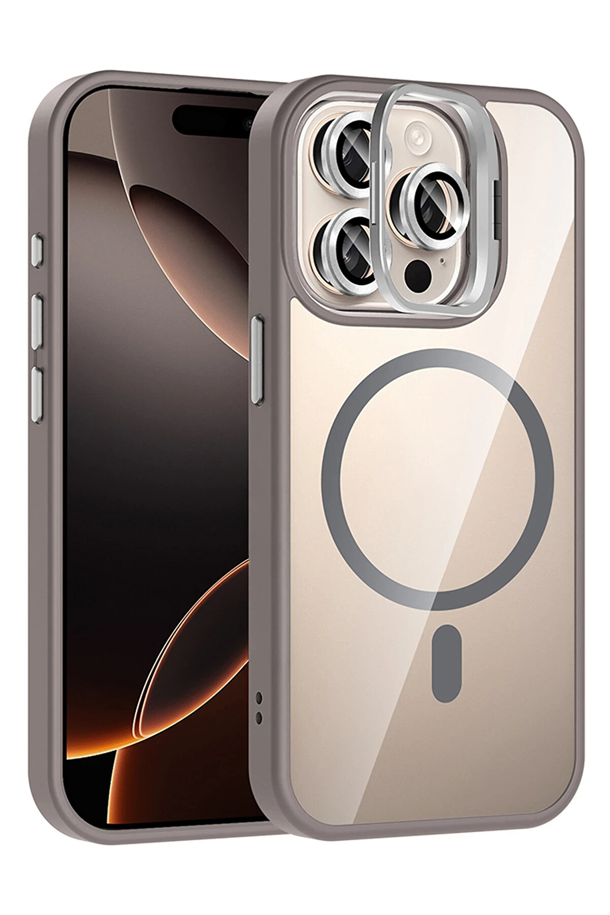 Buti̇k Harmonyaura Apple İphone 14 Pro Max Remi̇m Lensli̇ Magsafe Standlı Kapak - Ti̇tan Gri̇