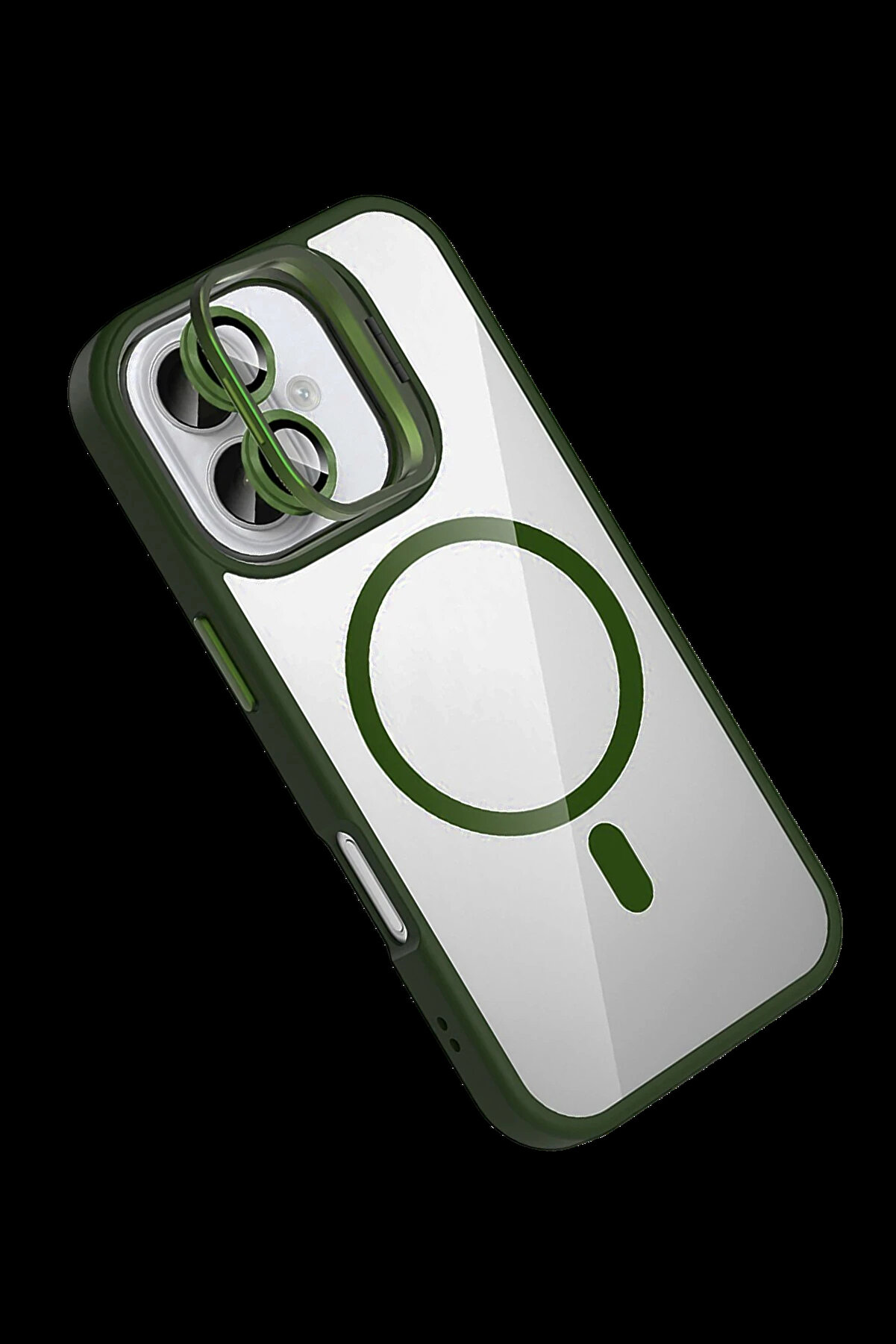 Buti̇k Harmonyaura Apple İphone 16 Remi̇m Lensli̇ Magsafe Standlı Kapak - Koyu Yeşi̇l