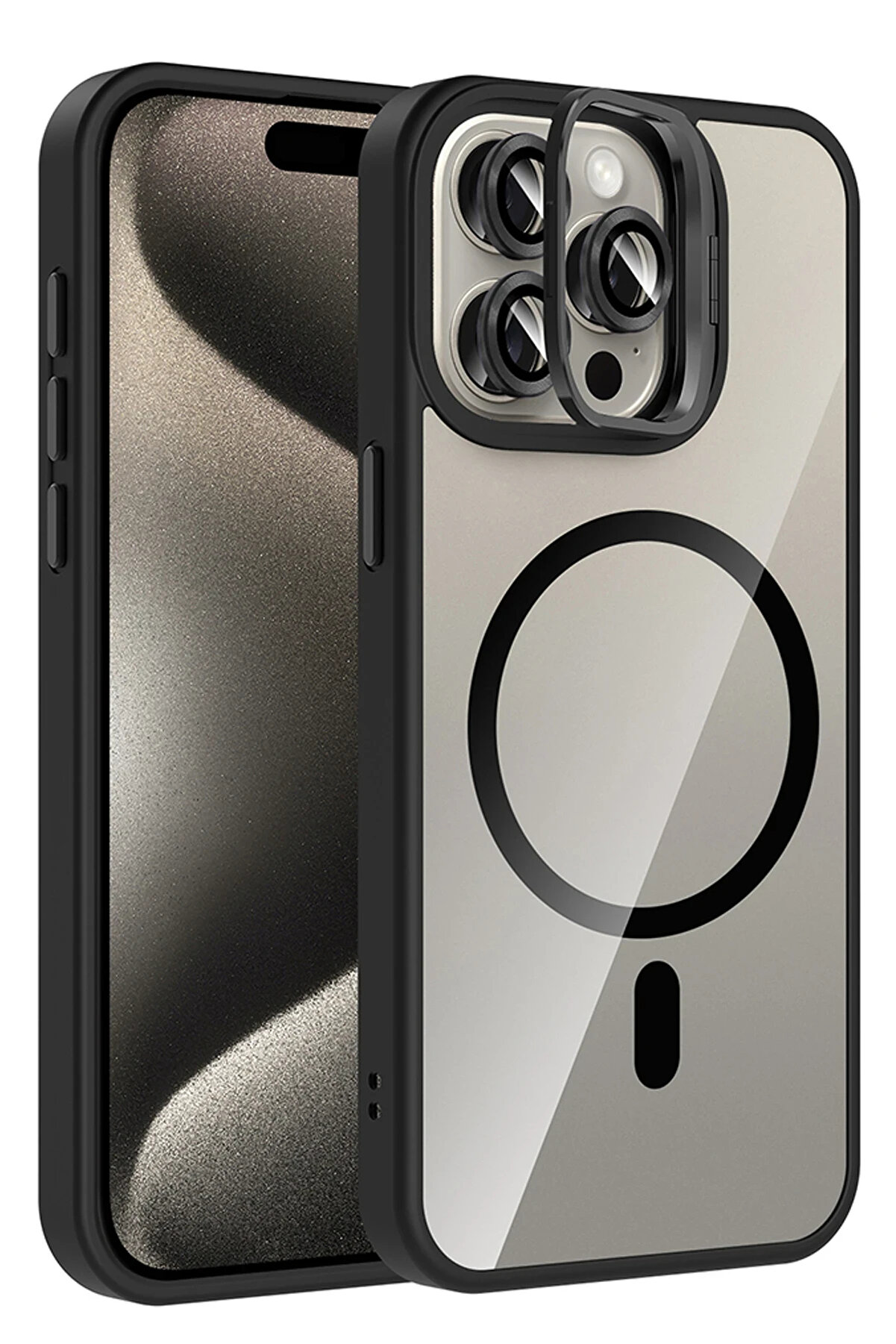 Buti̇k Harmonyaura Apple İphone 15 Pro Max Remi̇m Lensli̇ Magsafe Standlı Kapak - Si̇yah